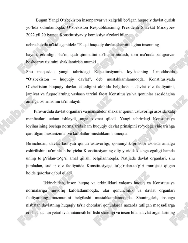 lim, malakali va maqbul tibbiy xizmat; ijtimoiy yo‘naltirilgan iqtisodiyot; fuqarolik jamiyatini rivojlanganligi; ijtimoiy davlat dasturlarini ishlab chiqishi va amalga oshirish; davlatning har kimga munosib turmush sharoiti, ijtimoiy ta’minot va shaxsning o‘zini o‘zi anglashi uchun teng boshlang‘ich sharoitlarini ta’minlash maqsadlarini tasdiqlash; fuqarolar oldidagi ijtimoiy mas’uliyat; ijtimoiy sohaga to‘lovlarning yuqori miqdori; ijtimoiy hayotni yaxshi rivojlangan tartibga solish tizimi; byudjetdan ijtimoiy to‘lovlarining mavjudligi; ijtimoiy himoya, ijtimoiy ta’minot va bandlik davlat tizimlarining mavjudligi; jamiyatning barcha muhtoj a’zolarini istisnosiz ijtimoiy qo‘llab-quvvatlashning mavjudligi; fuqarolarning farovonlik darajasi uchun davlat tomonidan javobgarlikni qabul qilish. o‘zbekiston respublikasining prezidenti shavkat mirziyoev 2022 yil 20 iyunda konstitusiyaviy komissiya a'zolari bilan uchrashuvda “asosiy qonunimizda “o‘zbekiston – ijtimoiy davlat” degan tamoyilni mustahkamlashni taklif etaman. chunki “inson qadri” tushunchasi “ijtimoiy davlat” tushunchasi bilan chambarchas bog‘liqdir. ushbu g‘oyaning tub negizida ham avvalo inson qadrini ulug‘lash, insonga xizmat qilishdek olijanob maqsad mujassamdir”, deb ta'kidlagan edi. shu bois yangi tahrirdagi konstitusiyamiz loyihasining1-moddasida “o‘zbekiston– ijtimoiy davlat” tamoyili mustahkamlandi. …