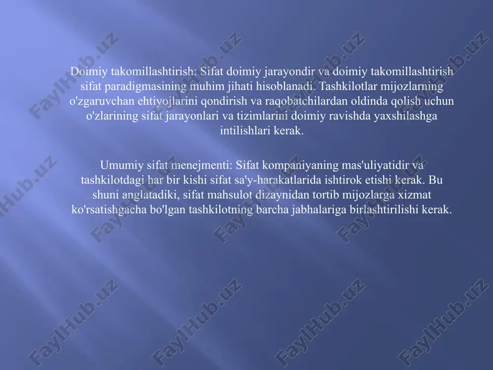 rorlar qabul qilish: sifat paradigmasi ma'lumotlarga asoslangan qarorlar qabul qilishga asoslangan. sifat jarayonlari ma'lumotlar va faktlarga asoslangan bo'lishi kerak va sifatli qarorlar sezgi yoki tajribaga emas, balki ma'lumotlar va tahlillarga asoslangan bo'lishi kerak. hamkorlik: sifatni ta'minlash jamoaviy ish bo'lib, barcha manfaatdor tomonlarning, jumladan, mijozlar, yetkazib beruvchilar, xodimlar va boshqaruvning ishtiroki va hamkorligini talab qiladi. odatda, sifat metodologiyasi nazariy asoslar va sotsiologik bilimlar tarkibidagi o'rni, tuzilmagan ma'lumotlarni yig'ish va tahlil qilish usullari, sotsiologik makonda mahalliy natijalarni taqdim etish muammosi sifatida sof akademik qiziqish uyg'otadi. bu paradigmani ma'lum darajada sxolastik qiladi, sotsiologik bilimlarni ommaviy qo'llashning amaliy vazifalaridan ajralib turadi.yirik xalqaro tadbir sifatida 2018-yil 17-19-oktabr kunlari lissabonda boʻlib oʻtgan 3-butunjahon sifatli tadqiqotlar konferensiyasi (wcqr) tadqiqotga qiziqishni amaliyotga yoʻnaltirilgan bilim sifatida “sifat”ga, aniqrogʻi, ushbu bilimlarni qoʻllash imkoniyatiga yoʻnaltirdi. ijtimoiy ishchilar amaliyotida sifatli tadqiqotlar natijalari. sifat paradigmasi ba'zan gumanistik sotsiologiya deb ataladi, shuningdek, ushbu yo'nalish asosida yotgan nazariy tushunchalarga muvofiq talqin yoki tushunish. jamiyatda ijtimoiy …