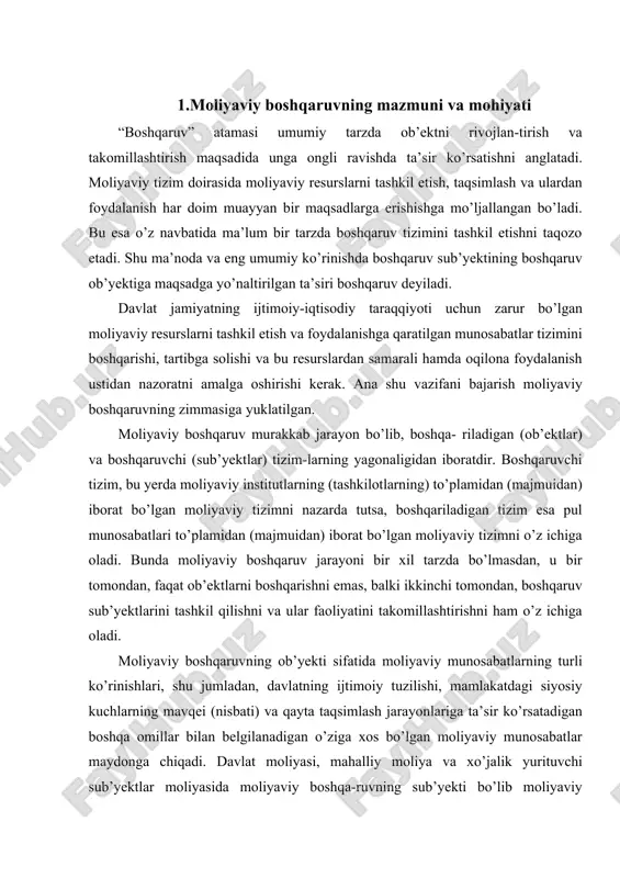 a taqsimlash jarayonlariga ta’sir ko’rsatadigan boshqa omillar bilan belgilanadigan o’ziga xos bo’lgan moliyaviy munosabatlar maydonga chiqadi. davlat moliyasi, mahalliy moliya va xo’jalik yurituvchi sub’yektlar moliyasida moliyaviy boshqa-ruvning sub’yekti bo’lib moliyaviy apparat deb nomlanuvchi maxsus xizmatlar hisoblanadi. davlatning xo’jalik yurituvchi sub’yektlar va uy xo’jaliklari bilan moliyaviy munosabatlar sohasidagi o’zaro munosabatlari soliq tizimi, kredit munosabatlarini boshqarish (tartibga solish), moliya bozorini tartibga solish, davlatning qo’llab-quvvatlash tizimi, pensiya ta’minoti tizimi, ishlovchi aholining daromadlarini tartibga solish mexanizmi va h.k.lar orqali amalga oshiriladi. moliyaviy boshqaruvning maqsadi makroiqtisodiy muvozanatda, byudjet profitsitida, davlat qarzining kama-yishida, milliy valyutaning barqarorligi va mustahkam-ligida va, nihoyat, davlat va jamiyat barcha a’zolari iqtisodiy manfaatlarining yagonaligida (mushtarakligida) namoyon bo’ladigan moliyaviy barqarorlik va moliyaviy mustaqillikni ta’minlashdir. shunga monand ravishda uning asosiy metodologik printsiplari quyidagilardan iborat: · pirovard maqsadga bog’liqlik; · xo’jalik barcha tarmoqlarining makroiqtisodiy muvo-zanatliligi; · jamiyat barcha a’zolarining manfaatlariga mos kelish; · iqtisodiy qonunlardan foydalanish; · real imkoniyatlar asosida ichki va tashqi iqtisodiy sharoitlarni …