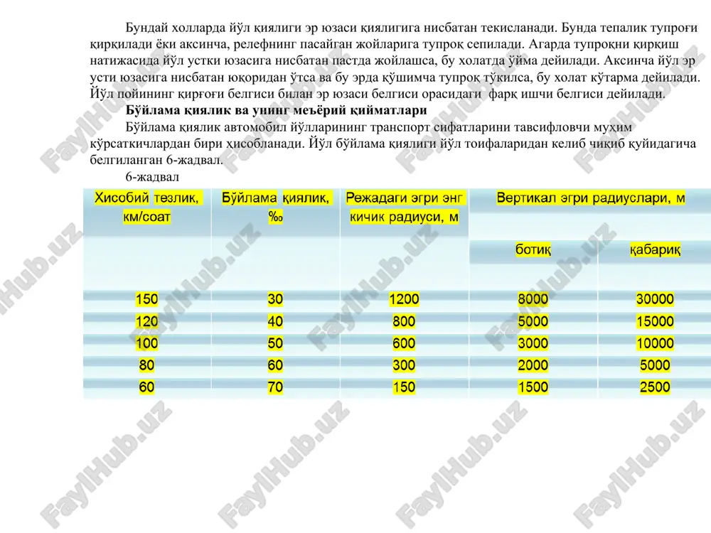 shi kerak: bo'ylama profildagi egri chiziqlarining radiuslari: qabariqda 70000 m; botiqda 8000 m; bo'ylama profilda egri chiziqlarning uzunligi: qabariqda kami bilan 300 m; botiqda kami bilan 100 m. tepalikli va kuchli o’nqir-cho’nqirli rel’ef sharoitlarida loyiha chizig’i o’rovchi sifatida loyihalanganida yo’lning bo’ylama profili notekis bo’lib chiqadi avtomobil yo’lda harakatlanganida uzluksiz ravishda dam ko’tariladi va dam pastga tushadi, natijada yonilg’i ortiqcha sarflanadi va tashish tezliklari kamayadi. bu holda harakat intensiv bo’lganida va tuproq-geologik sharoitlar qulay bo’lganida kesuvchi chiziq sifatida loyihalash ancha ma’qul hisoblanadi. bunda tepaliklar kesiladi va ulardan chiqqan grunt pastlik joylardagi ko’tarmalarga to’kiladi. loyiha chizining vaziyati iloji boricha qo’shni ko’tarmalar va o’ymalarda yer qazish ishlari balansini ta’minlashi, ya’ni o’ymalardan chiqqan gruntni bo’ylamasiga surib ko’tarmalarga to’kish uchun foydalanish zarur. bo’ylama profilni loyihalash ketma-ketligi trassaning bo’ylama profilida loyiha chizig’ini o’tkazish nazorat balandlik nuqtalarini belgilash va grunt xamda gidrologik sharoitlarga qarab turli uchastkalarda yo’l qoplamasi pastining zarur ko’tarilishini aniqlashdan boshlanadi. loyiha chizig’ini kesuvchi bo’yicha …