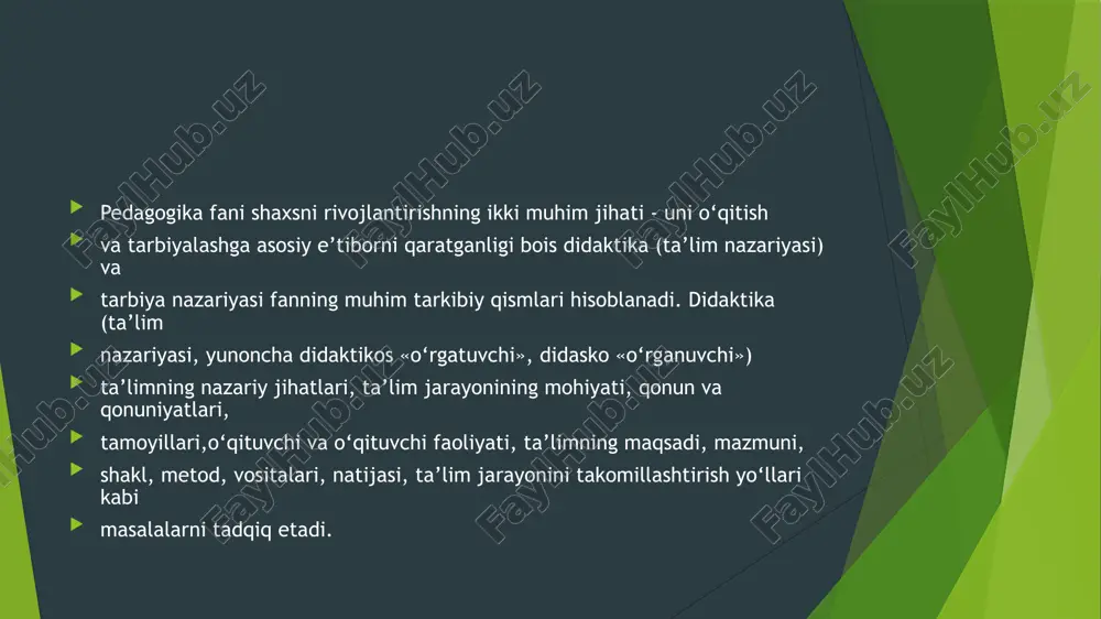 jribani yosh avlodga o‘rgatish uchun manba bo‘lib xizmat qiladi. pedagogika fanlari tizimi. shaxs kamolotini ta’minlash, uning intellektual, ma’naviy-axloqiy hamda jismoniy jihatdan rivojlanishiga erishishda turli yosh davrlari, har bir davrning o‘ziga xos jihatlari, shuningdek, bolaning fiziologik, psixologik holatini inobatga olish maqsadga muvofiqdir. shu bois yaxlit pedagogik jarayon muayyan turkumni tashkil etuvchi pedagogik fanlar tomonidan o‘rganiladi. ular quyidagilardir: umumiy pedagogika - pedagogikaning kontseptual masalalari va amaliy jihatlarini tadqiq etadi. pedagogika nazariyasi - pedagogikaning umumnazariy masalalari, qonuniyatlari va tamoyillari hamda tasniflashga oid masalalarni o‘rganadi. pedagogika tarixi - pedagogik fikrlarning taraqqiy etishi, maktab va ta’lim turlarining davriy xususiyatlari, o‘ziga xoj jihatlari va ahamiyatini tadqiq etadi. pedagogik mahorat - o‘qituvchilarni pedagogik faoliyatga samarali tayyorlash taktikasi, pedagogik qobiliyatlarni shakllantirish, pedagogik madaniyat va texnikani tarkib toptirish hamda nutq texnikasini egallash yo‘llarini o‘rganadi. maktabgacha ta’lim pedagogikasi - maktabgacha ta’lim yoshidagi bolalarni tarbiyalash, ularni intellektual, ma’naviy-axloqiy va jismoniy jihatdan kamolotga yetkazish masalalarini o‘rganadi. korrektsion (maxsus) pedagogika - jismoniy yoki …