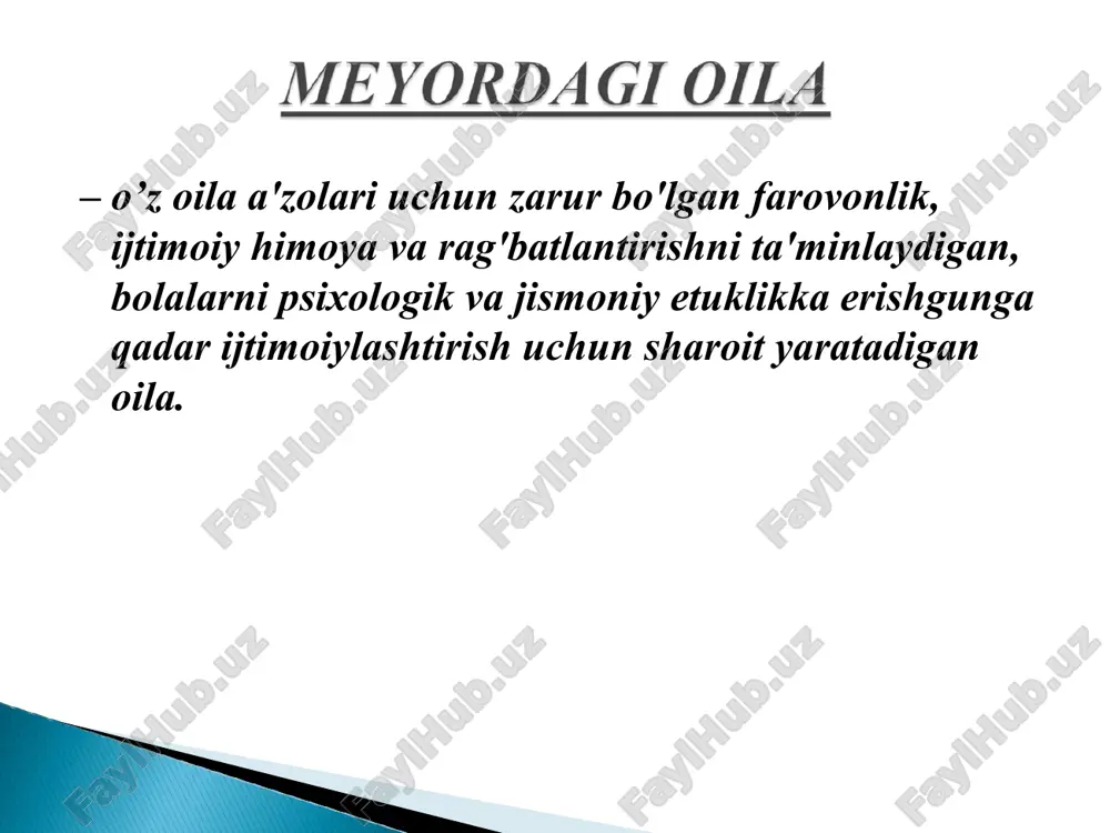 larini bitta tom ostida birlashtiradi. ayol iqtisodiy jihatdan turmush o'rtog'iga bog'liq. oilaviy rollar aniq tartibga solinadi: er (ota) —boquvchi, xotin (ona) — uy bekasi va bolalar tarbiyachisi. hamkorlik (teng huquqli, demokratik) shaxsiyatlarning adolatli, mutanosib taqsimlanishi; masalalarni hal qilish turmush o'rtoqlarning o'zaro almashinishida, o'z ustida ishlash va oila uchun muhim qarorlarni birgalikda qabul qilish, munosabatlarning hissiy boyligi. nuklear oila er, xotin va ularning farzandlaridan iborat; kengaytirilgan oila - kengaygan ittifoq: er-xotin va ularning farzandlari, shuningdek, birga yoki bir-biriga yaqin yashaydigan va oila tarkibini tashkil etuvchi boshqa avlod ota-onalari, masalan, bobo va buvilar, amakilar, amakilar, xolalar. aralash oila o'gay ota-onalar va o'gay farzandlar kiradi, chunki avvalgi nikohdan bo'lgan bolalar yangi oilaga birlashadi; « 1. qonuniy nikoh - bu oilani barpo etishga, er-xotinning shaxsiy va mulkiy huquq va majburiyatlarini vujudga keltirishga qaratilgan qonunda belgilangan tartibda tuzilgan erkak va ayolning erkin va ixtiyoriy ittifoqidir. 2. fuqarolik nikohi - (birgalikda yashash) ro'yxatga olinmagan nikohda bo'lgan …