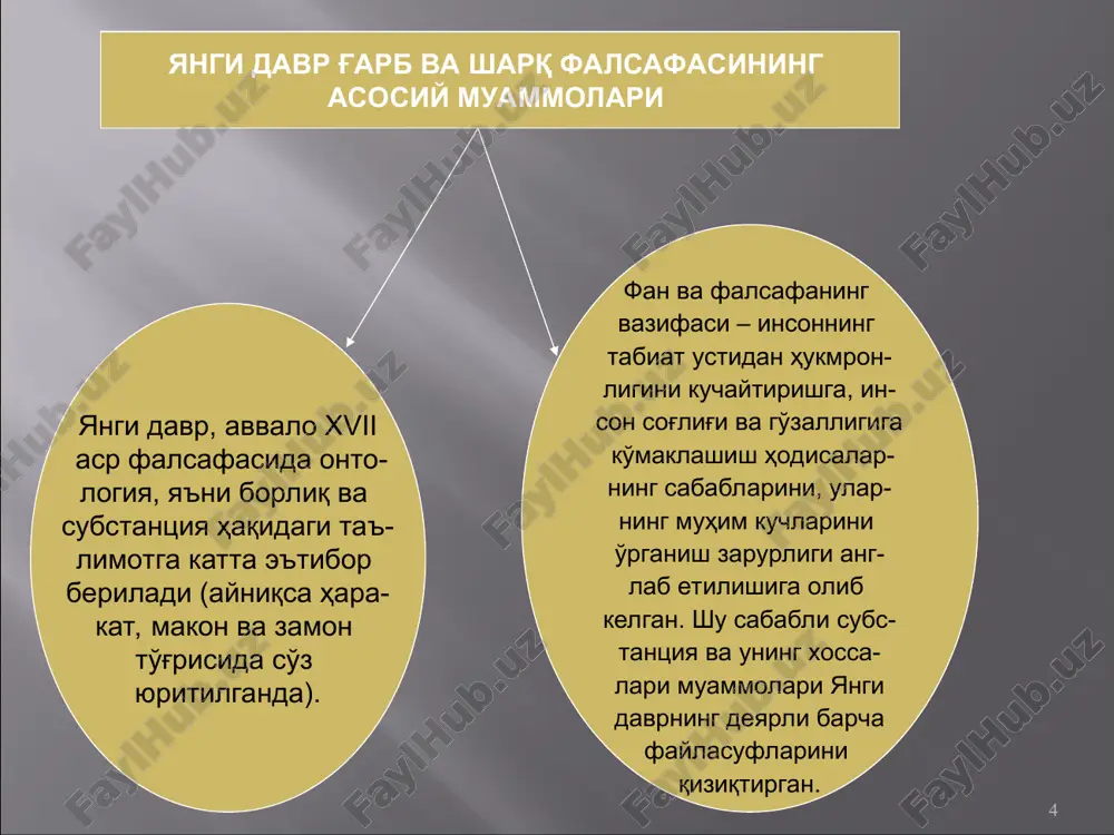 barcha metallarda bosim mavjud). - bekon induktsiya metodini dekartning deduktsiya metodiga qarama-qarshi qo'ydi, unga ko'ra, haqiqiy bilimga aniq mantiqiy misollar yordamida olingan ishonchli axborotga tayanib erishish mumkin. - bekon induktsiyasining dekart deduktsiyasidan afzalligi – bilish jarayonining intensifikatsiyalashuvi imkoniyatining kengayishidadir. - induktsiyaning kamchiligi – uning ishonchli emasligi, taxminiy xususiyati (agar, bir qancha narsa yoki hodisalarning umumiy belgilari bo'lsa, mazkur belgilar shu turga kiruvchi barcha narsa va hodisalarda mavjud degani emas; har bir alohida holatda tajriba yordamida sinab ko'rish, induktsiyani tasdiqlash zarurati vujudga keladi). f. bekon falsafasida bilish muammosi bilish faoliyati kechadigan aniq yo'llar «o'rgimchak yo'li» - «sof tafakkurdan bilimga ega bo'lish, ya'ni ratsion-dietik yo'l bilan. mazkur yo'l aniq dalillar, amaliy tajribani inkor etadi yoki ahamiyatini sezilarli darajada pasaytiradi. bekonning fikricha ratsionalistlar haqiqiy hayotdan uzilib qolganlar dogmatiklardir va «fikrlar to'rini o'z idroklaridan to'qishmoqda». «chumoli yo'li» - bilimga ega bo'lishning bunday usulida faqatgina tajribaga e'tibor qaratiladi, ya'ni dogmatik empirizm (ratsionalizmdan ajratilgan qarama-qarshiliklarga to'la). …