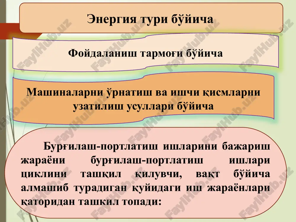 da portlatuvchi moddalar ularni joylashtirish tartibi, portlatilayotgan gruntlar mustahkamligi, pm qiymati va xavfsizlik shartlaridan kelib chiqib tanlanadi. ko'ndalang kesim yuzasi s bo'lgan sun'iy bo'shliqdagi gruntni o'tish bo'lagi 1o'.b.ga qazish tsikli uchun zarur bo'lgan pmning umumiy sarfini quyidagi formula bilan aniqlash mumkin: q=qo'r . s . lo'.b. bu erda: qo'r- qazilayotgan grunt seryoriqligi va mustahkamligi, sun'iy bo'shliq kesimi, pm ish qobiliyati, zaryadlash zichligiga bog'liq pm o'rtacha sarfi, kg/m . ko'ndalang kesimi 20m2 dan katta, bir yo'la qaziladigan va mustahkamlik koeffitsienti f=1618 bo'lgan sun'iy bo'shliqdar uchun: zaryadlarni portlatish elektrli, alangali, elektralanganli va kapsulasiz-detonatsiyalovchi shnurli usullarda amalga oshiriladi. kapsula-detonatorlar; alanga o'tqazish shnurlari; qisqa sekinlashib va sekinlashib ta'sir ko'rsatadigan elektrdetonatorlar; zaryadlar detonatsiyalanishi (portlatish hosil qilish) ni ta'minlovchi portlatish vositalari quyidagilardan iborat: nazorat savollari: 1.shpurlar burg'ilash uchun mo'ljallangan burg'ilash mashinalarining qanday turlari mavjud? 2.burg'ilash-portlatish ishlari tsikli qanday jarayonlardan tashqil topadi? 3.burg'ilash-portlatish ishlari optimalligi qanday parametrlar hisobiga ta'minlanadi? 4.grunt qazishda portlatish samaradorligi qanday ta'minlanadi? 5.burg'ilash-portlatish ishlarida …