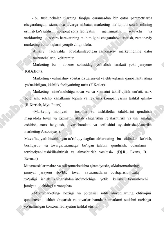 o‘naltirilgan korxona faolayatini tashkil etish». «makromarketing» tushunchasi ekonomikaga oid bulib, korxona va tashkilotlar faoliyatini boshqaradi. «mikromarketing» tushunchasi, korxona faoliyatini tashkil etishni bildiradi. 2.marketingning maqsadi va konsepsiyasi (tamoyili) marketing rivojlangan vaqtdan uning falsafasi «taqsimlash yoki sotish konsepsiyasiga 70- yillar» marketing-miks konsepsiyasiga korxonalar tomonidan ishlab chiqarilgan mahsulotga bo‘lgan talabga ta’sir ko‘rsatish uchun zaruriy marketing tizimi bunga quyidagilar kiradi: mahsulot, narx, stuvning o‘rni va sharti, oldi-sotdi jarayonini amalga oshirish, bozorga olib chiqishga asoslangan, 80 yillar marketing falsafasi marketingni strategik boshqarish konsepsiyasiga asoslanadi. zamonaviy konsepsiya 1 rasmda tasvirlangan. marketingning umumiy konsepsiyasi sport tashkilotiga (klub, federsiya) taallukdisi quyidagiga ifodalanadi: 1.vaziyatli analiz: marketingning tashqi muhiti: jamiyatdagi asosiy tendensiyalari, iqtisodning va sport turlarining rivojlanishi, moda; - bozor taxdili: talabni o‘rganish va bozor sngmentining harakati, konsepsiyalar; - sport tashkilotining imkoniyatlari va resurslari. 2. marketing maqsadlari: - marketing strategiyasini ishlab chiqish: a) sekin-asta kambag‘allashib bormoq va hech narsani boshlamoqlik; b) an’anaviy sport tashkiloti uchun ixtiyoriy narx chegaralanishiga borish, bu …
