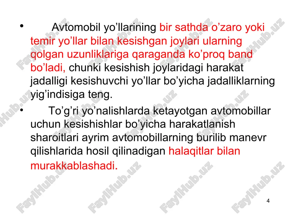 hi d.maxmudova * turli satxda kesishuvlarning avfzallik va kamchiliklari kesishadigan yo'llarning biri orqali yo'l o'tkazgich qurish harakat oqimlarini har ikki yo'l orqali to'g'ri yo'nalishda, burilayotgan avtomobillarning halaqitlarsiz, tezlikni pasaytirmasdan oson o'tkazib yuborishga imkon beradi; bir sathda kesishishlarga qaraganda kesishuvchi transport oqimlarining harakatini aniq tashkil yetish ta'minlanadi; harakat xavfsizligini, ayniqsa chapga burilishdagi xavfsizlikni keskin oshiradi. biroq, turli sathlarda kesishish qurilish ishlari qiymatini juda oshirib yuboradi. * avtomobil yo'llarining turli satxdagi kesishuvlar elementlariga qo'yiladigan talablar kesishuvlarning chapga burilishlarida, ularning qanday joylashishidan qat'iy nazar, qatnov qismining kengligi 5,5 m, o'ngga burilib tushib kelish yo'llarida esa 5 m ga teng deb olinadi. tushib kelishlarda yo'l chetining eni yegriliklarning ichki tomonida kamida 1,5 m, tashqi tomonida yesa 3 m ga teng bo'lishi kerak. yo'l chetlari butun kengligida qattiq qoplamali bo'lishi va qatnov qismidan chegara tasmalari bilan ajratilishi kerak. avtomobil yo'llarini turli satxda kesishishlarni qurishda quyidagi avfzalliklarga erishiladi : kesishadigan yo'llarning biri orqali yo'l o'tkazgich qurish …