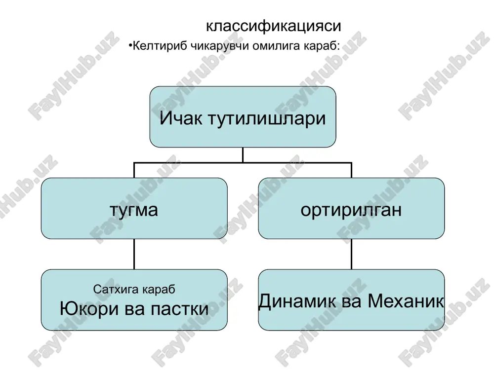 on o'simta tutqichi; sigmasimon ichak atrofi; vinsloy teshigi; jigar yumaloq boylami; bachadon keng boylami; yo'g'on ichak atrofi va h.k. umuman olganda qorin parda qaerda bo'lsa, uning tug'ma nuqsoni, yani teshigi bo'lishi mumkin, ushbu teshikdan qorin pardaga o'ralgan holda qorin bo'shlig'i a'zolari kirib qolsa ular chin”, qorinpardasiz kirib ketsa “soxta” churralar xam deyiladi. qorin bo'shlig'ining ichki churralari klinik belgilari uzoq vaqt namoyon bo'lmasliga mumkin. klinik simptomatika rivojlanishi churra maxsuloti qisilganligi va ichak o'tkazuvchanligi buzilish darajasiga bog'liq. bemorlar anamnezida sababsiz qorinda og'riq, tirsak-tizza holatida og'riqning pasayishi kuzatiladi. bemorlarda ko'pincha o'tkir ichak tutilishi klinikasi namoyon bo'ladi. davosi operativ laparotomiya qilinib, churra maxsulotlari ozod etiladi churra darvozasi tikib,bartaraf etiladi. ichak nayining tug'ma ikkilanishi ovqat hazm qilish bo'shliq organlarining juftlanishi deb, ichak devorining noto'g'ri shakllanishi natijasida ikkilangan kovakli ichak paydo bo'lishi bilan kechadigan tyg'ma nuqsonga aytiladi. juftlanishning kelib chiqishi embrional hayotning birinchi oylariga moe keladi. juftlanishning paydo bo'lishi ichak naychasi shilliq qavatining shakllanishi va rekanalizatsiyasining …