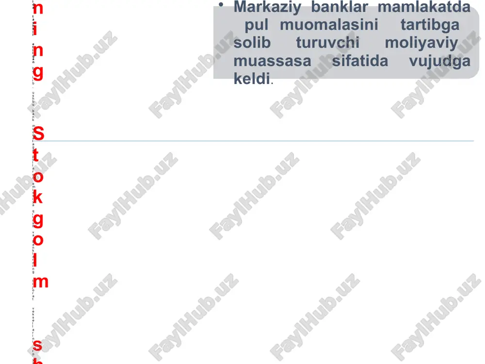 onining mayjud emasligi. 2. markaziy bank kreditlari hukumatga bozor stavkalarida beriladi. 3. markaziy bank kreditlari hukumatga malum muddatga beriladi. 4. kreditlar hukumatga cheklangan miqdorda beriladi. 5. markaziy bank davlat qimmatli qog'ozlarining birlamchi ishtirokchisi hisoblanmaydi. 6. markaziy bank o'zining foiz stavkalari mustaqil, hukumat bilan kelishmasdan, o'matadi. 7 . markaziy bank bank sektorini nazorat qilish yuzasidan javobgardir. (bu holatda gmt indeksi asosida mb ga 2 ball o'zlashtiriladi yoki boshqa davlat organi bilan birgalikda amalga oshirilsa 1 ball qo'yiladi). har bir mezon 2 ta olchamga ega, ya’ni 0 ‘zbekiston markaziy bankining iqtisodiy mustaqilligi 1. hukumatning avtomatik tarzda kreditlash jarayoni mayjud emas (1 ball). 2. hukumatga bozor stavkalarida kredit berish markaziy bank to'g'risidagi qonunda ko‘zda tutilmagan (0 ball). 3. hukumatga beriladigan kreditlar malum muddatga, kredit shartnomasi asosidaberiladi (1 ball). 4. markaziy bank tomonidan hukumatga beriladigan kreditlar bo'yicha cheklovlar markaziy bank to'g'risidagi qonunda ko'zda tutilmagan (0). 5. markaziy bank hukumat qimmatli qog'ozlari birlamchi bozorining ishtirokchisi …