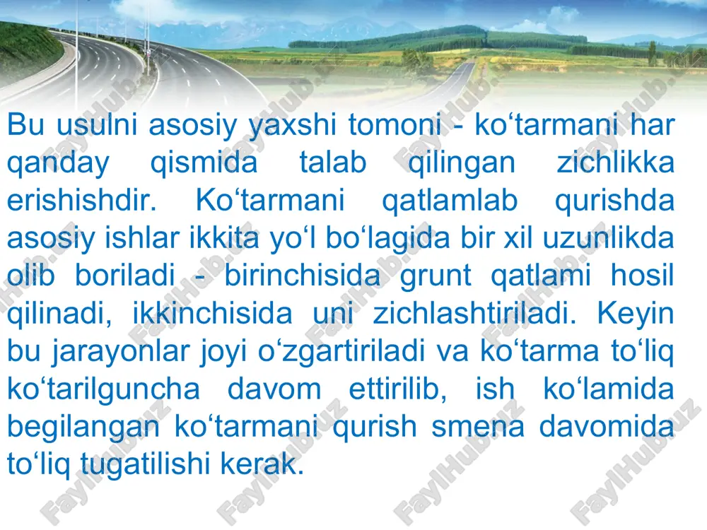 rerlarida shaxmat ketma-ketligida yoki qovirg‘a-shaxmat chizmasi bo‘yicha olib boriladi. aravachali skreperlar gusenitsali yoki pnevmo g‘ildirakli traktorlar bazasidagi agregatlar bilan ishlaydilar. ular transportirovka qilish masofasi 100 dan 500 m gacha bo‘lganda ishlatiladi. yarim aravachali (o‘zi yurar) skreperlar transportlash masofasi 300 mdan 3000 m gacha bo‘lganda foydalanadilar. skreperlar nisbatan yengil gruntlarni kovlash uchun ishlatiladilar.botqoqlik yo‘l bo‘laklarida, o‘ta namlangan gilli gruntlarda, sochiluvchan qumlarda va yirik toshlari bor gruntlarda foydalanish mumkin bo‘lmaydi. buldozerlar quvvati va tortish kuchi bo‘yicha guruhlarga bo‘linadi: -o‘ta og‘ir – tortish kuchi 250 kn gacha; -og‘ir – 150 kn; -o‘rtacha – 100 kn; -yengil – 50 kn; -kichik hajmli – 2.5 kn. yuruvchi qismi bo‘yicha buldozerlar gusenisali va g‘ildiraklikga; otvalini boshqarish bo‘yicha mexanik va gidravlik uzatkichli; otvalni o‘rnatish bo‘yicha – burilmaydigan va buriladigan (universal) otvalli bo‘ladi. ayrim buldozerlarda otvali gorizontal tekislikka 5o qiyalikda o‘rnatish mumkin. yon rezerv gruntlaridan olib ko‘tarma qurish tekis yoki past tepaliklar bo‘lgan joylarda yo‘l poyi asosan baland …