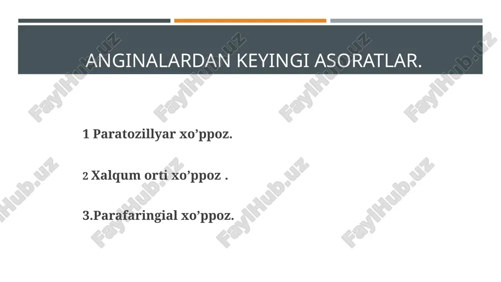 miyat kasb etadi, bemorda adinamiya, holsizlik kuzatiladi, teri qoplami rangpar, tana harorati 39-40 0 ko‘tariladi. * kasallik asta-sekin rivojlanadi, bo‘yin sohasida shish paydo bo‘ladi. faringosokpiyada odatda ikki tomonlama tanglay murtaklarining shishi, shilliq qavatning rangparligi, ko‘kimtir qarash bilan qoplanganligi ko‘rinadi. * tanglay murtaklarini qalin, zich, shilliq qavatga birikkan va qiyin ko‘chadigan ko‘kimtir qarash qoplaydi. qarash ko‘chirganda uning ostida qonaydigan yarali maydon qoladi. qarash odatda murtaklar, rovoqchalar va yumshoq tanglayga tarqaladi. qarash suvda cho‘kadi, erimaydi va predmet oynachasi orasida qo‘yilganda ezilmaydi va qaytib yana o‘z shakliga qaytadi. * bo‘yin yumshoq to‘qimasining shishi bo‘yin va ko‘krak qafasining yuqori qismlariga tarqaladi. mahalliy limfa tugunlari bir tomonlama kattalashadi va paypaslanganda og‘riydi. asab, yurak va qon tomir tizimi zarar-lanadi: bemorning tomir urishi ipsimon bo‘ladi, qon bosimi pasayadi, ekstra-sistoliya va uyqusizlik, yumshoq tanglay falaji rivojlanadi. davolashda difteriyaga qarshi zardob yaxshi natija beradi. * murtak xavfli o’smalari (rak, sarkoma) murtak bir tomonlama kattalashadi, qattiq va yuzi g‘adar - …
