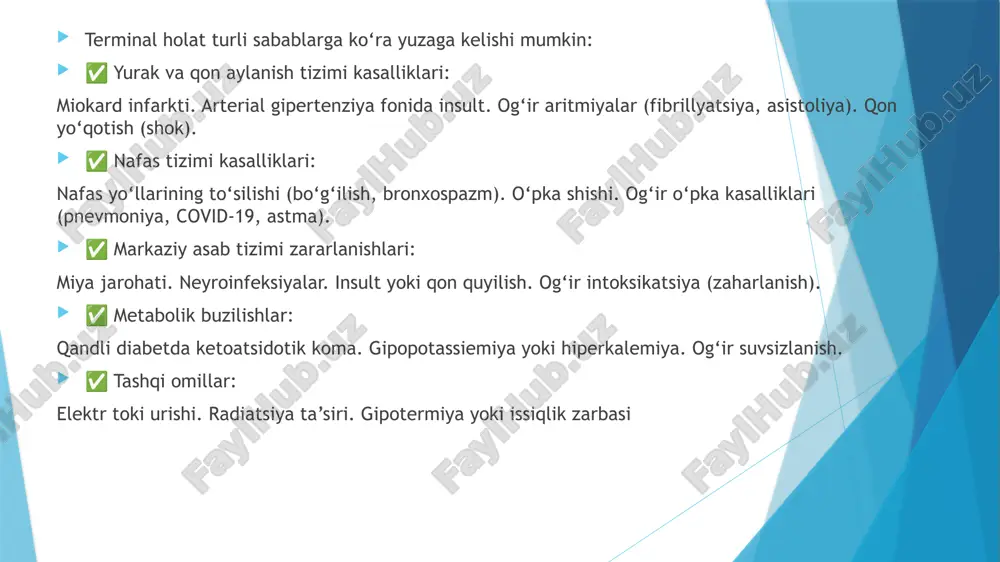 sivlik (qayta tiklanish imkoniyati) sotsial o‘lim holati ayrim hollarda reabilitatsiya orqali tiklanishi mumkin, lekin aksariyat hollarda miya faoliyati qayta tiklanmaydi. o‘lim jarayonlari (tanada yuz beradigan o‘zgarishlar) biologik o‘limdan keyin organizmda bir necha muhim bosqich yuz beradi: 1. tanadagi dastlabki o‘zgarishlar ✅ o‘lik qotishi (rigor mortis) – mushaklar qattiqlashishi (2–4 soatda boshlanib, 24 soatda maksimal bo‘ladi). ✅ o‘lim dog‘lari (livores mortis) – qonning tortishish kuchi ta’sirida pastki qismlarga yig‘ilishi (2–4 soatda shakllanadi). ✅ tana haroratining pasayishi – har soatda o‘rtacha 1°c tushadi. 2. hujayralarning nobud bo‘lishi (autoliz) ✅ fermentlar faollashib, hujayralar parchalanadi. ✅ ichki organlar, ayniqsa oshqozonosti bezi, tez parchalanadi. 3. chirish jarayoni (putrefaktsiya) ✅ bakteriyalar va mikroorganizmlar ko‘payadi – gazlar hosil bo‘lishi natijasida shish paydo bo‘ladi. ✅ chirish natijasida teri rangi yashil tusga kiradi (3–5 kundan keyin). ✅ murda hidi paydo bo‘ladi (bakterial parchalanish mahsulotlari) terminal xolatlar stadiyalari (predagoniya, 2 agoniya, klinik o'lim). terminal holat 3 bosqichdan iborat: 1.preagonal holat …