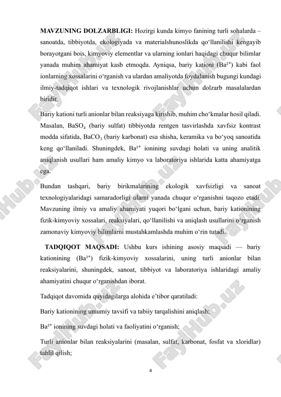 yoki barit deb atagan (yun. barus – ogʻir soʻzidan), metall bariyni ingliz kimyogari bariy devi elektroliz yoʻli bilan olgan (1808). yer pustila bariy ogʻirlik jihatdan 0,05% ni tashkil etadi, tabiatda erkin holda uchramaydi. bariy birikmalari – barit baso4 va viterit vaso3 sanoat ahamiyatiga ega. bariy vao bilan alyuminiyni birga qizdirish yoki van, ni parchalash yoki suyuqlangan vas12 ni elektroliz qilish yoʻli bilan olinadi. bariyning zichligi 3760 kg/m3, mineralogik shkala boʻyicha qattiqligi 1,25, moos shkalasi boʻyicha 2, suyuqlanish temperaturasi 727°, qaynash temperaturasi 1637°. bariy qoʻrgʻoshindan qattiqroq, ruxdan yumshoqroq. bariy ishqoriy-yer metall, kimyoviy xossalari jihatdan kalsiy bilan stronsiyga oʻxshaydi, lekin ularga nisbatan faolroq. havoda tez oksidlanadi, qizdirilganda oson alangalanadi. suvni shiddat bilan parchalab, bariy gidroksid hosil qiladi: va+2n2o=va(on)2+n2. bariy oksid – vao rangsiz kristall modda boʻlib, havoda bariy karbonat vaso3 ga aylanadi. vao ni havoda 500° da qizdirib, vao2 olinadi, bu modda esa 700° da vao va o2 ga ajraladi. bariy kimyoviy …