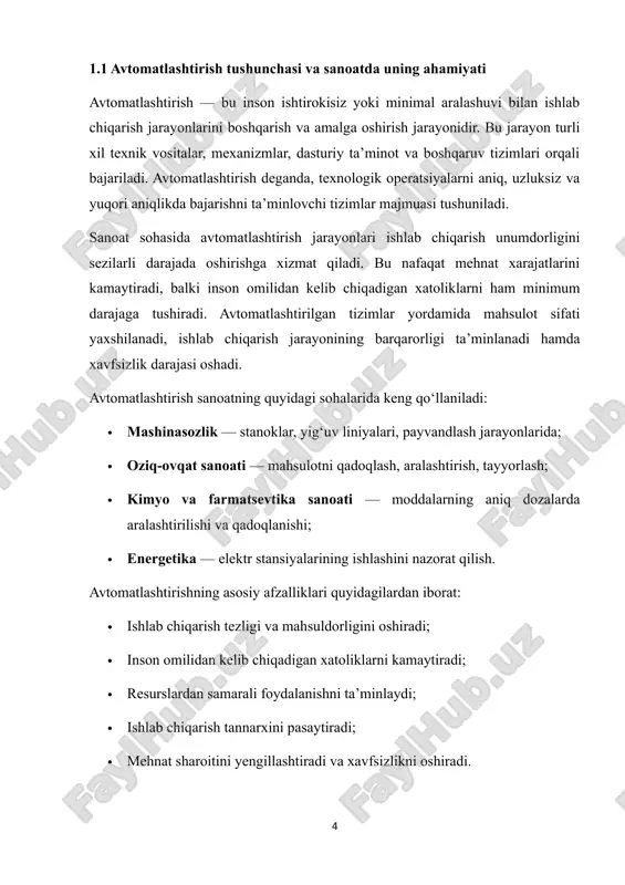 shtirilgan tizimlar yordamida barcha texnologik jarayonlar aniq va bir xil sharoitda amalga oshiriladi, bu esa mahsulotning sifatini kafolatlaydi. odam xatolari minimallashtiriladi, natijada sifat va xavfsizlikni ta’minlash osonlashadi. 3. mehnat unumdorligini oshirish inson resurslarini avtomatlashtirish orqali mehnat unumdorligi sezilarli darajada oshadi. avtomatlashtirilgan tizimlar ko‘pincha inson mehnatidan ko‘ra tez va samarali ishlaydi, shu bilan birga xavfsizlikni ham oshiradi. masalan, xavfli ishlarni avtomat tizimlarga yuklab, ishchilarning salomatligini saqlash mumkin. 4. resurslardan samarali foydalanish avtomatlashtirish yordamida resurslardan (materiallar, energiya, xom ashyo) samarali foydalanish mumkin. texnologik jarayonlarni avtomatlashtirish ularni optimal darajada boshqarishga imkon beradi, bu esa resurslarni isrofgarchilikdan saqlaydi. 5. ishlab chiqarishning barqarorligini ta'minlash avtomatlashtirilgan tizimlar yordamida ishlab chiqarish jarayonlarining barqarorligi ta’minlanadi. har bir bosqich aniq nazorat ostida bo‘lib, tizim o‘zining ishlash ko‘rsatkichlarini avtomatik tarzda boshqaradi. bu, o‘z navbatida, ishlab chiqarish jarayonlarining davomiyligini ta’minlaydi. 6. xavfsizlikni oshirish avtomatlashtirilgan tizimlar yordamida xavfli ishlar, masalan, yuqori haroratda yoki zararli moddalarga aloqador jarayonlarni avtomatik tarzda bajarish mumkin. bu …