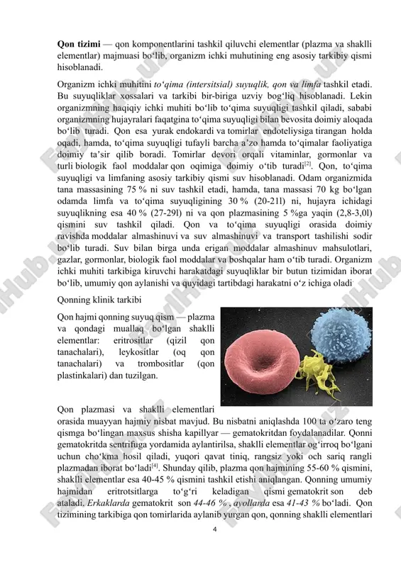 tning ham tarkibiy, ham xossalari jihatidan doimiyligining saqlanilishi organizm hujayra, toʻqima, aʼzo va tizimlarining normal yashashi uchun zarur hisoblanadi[6]. ichki muhit doimiyligining saqlanishi qon va limfa aylanish tizimlari, nafas olish ovqat hazm qilish hamda ayiruv aʼzolari tomonidan doimo taʼminlanib turiladi. hazm qilish va nafas olish tizimlari turli xildagi moddalarning tashqi muhitdan organizm ichki muhitiga oʻtishini, ayiruv aʼzolari esa moddalar almashinuvi oxirgi mahsulotlarini tashqi muhitga chiqarilishini amalga oshiradilar. mana shu jarayonlar tufayli muhitning har qanday oʻzgarishlari, yaʼni harorat, bosim, namlik, yoritilish keskin oʻzgarganda yoki oziqlanish vaqtincha toʻxtab qolganda ham organizm hujayralari nisbatan doimiy sharoitda yashaydi va oʻz faoliyatlarini bajarib turadi. ichki muhit doimiyligi qanchalik aniq va ishonchli boshqarilsa, tashqi muhit oʻzgarishlariga nisbatan organizm javob reaksiyasi shunchalik kamroq bogʻliq holda oʻzgaradi va shunchalik erkinroq boʻladi. yirik fransuz fiziologi va patolog olimi klod bernar bu holatni shunday ifodalab oʻtgan: „ichki muhit doimiyligi — erkin hayot sharoiti“[7]. hayot sharoitlari oʻzgarishidan qatʼiy nazar organizm oʻzining …