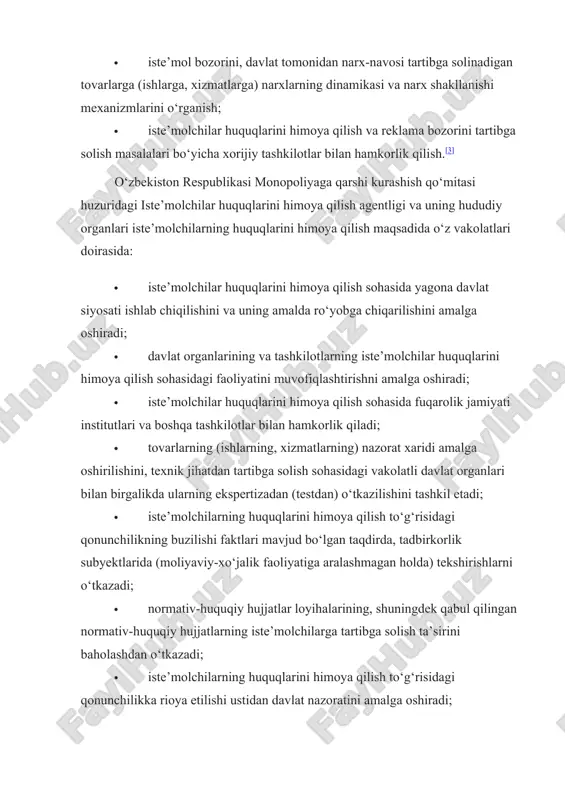 atma yuboradi; · iste’molchilar huquqlarining buzilishi bilan bog‘liq masalalarni sudga qadar hal qilishni tashkil etishga ko‘maklashadi; · sud majlislarida iste’molchilarning huquqlarini himoya qilish masalalari bo‘yicha mutaxassis sifatida belgilangan tartibda ishtirok etadi; · iste’molchilarning (iste’molchilar nomuayyan doirasining) huquqlarini himoya qilib, sudga murojaat etish huquqiga ega; · qonunchilikka muvofiq boshqa vakolatlarni amalga oshiradi.[5] iste'molchilar huqularini himoya qilish [ agentlik ish reja va boshqa idoralar tomonidan taqdim etilgan maʼlumotlar, isteʼmolchilardan kelib tushgan murojaatlar asosida hamda iste’molchilar huquqlarini himoya qilish to‘g‘risidagi qonun hujjatlariga rioya etilishi yuzasidan davlat nazoratini amalga oshirish maqsadida turli soha va yo‘nalishlarda tizimli ravishda oʼrganish va tahlillar oʼtkazadi. 2022-yilda iste’molchilardan kelib tushgan murojaatlarining 40,1 foizi uy-joy kommunal, xizmat ko'rsatish, qurilish va transport sohasi, 37,4 foizi savdo, umumiy ovqatlanish va turizm sohasi, 17,2 foizi ijtimoiy va moliya xizmatlar, shuningdek aloqa xizmatlari sohasi, 5,3 foizi esa reklama munosabatlari va boshqa sohalarga to‘g‘ri kelgan.[6] 2022-yilda kelib tushgan 25 mingdan ziyod murojaatlarni ko'rib chiqilishi va …