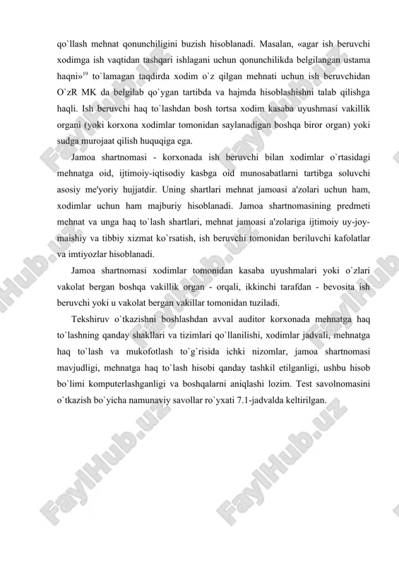at amalga oshiriladi n2 ichki nazorat susaytirilgan, xatolar bo`lishi mumkin 5. ish haqidan ushlab qolishlar tekshiriladimi? bir yilda kamida bir marotaba tanlab olib nazorat amalga oshiriladi n2 ichki nazorat susaytirilgan, xatolar bo`lishi mumkin 6. soliqlar bo`yicha hisoblar ijti-moiy sug`urta, soliq idoralari tomonidan tekshirilganmi? hisobot yilida tekshiruv o`tkazilmagan n2 ichki nazorat susaytirilgan, xatolar bo`lishi mumkin 7. hisob-kitob-to`lov qaydnomalari to`g`ri raqamlanganmi? ketma-ket raqamlash qo`llaniladi n4 nazorat yetarli darajada 8. mukofotlar, mehnat ta'tili, kasallik varaqalari va boshqalarni hisoblash tartibiga rioya qilinadimi? rioya qilinadi, lekin kor-xonada to`lovlar tartibi to`g`risida ichki nizom ishlab chiqilmagan va tasdiqlanmagan n2 ichki nazorat susaytirilgan, xatolar bo`lishi mumkin 9. ish haqi va boshqa to`lovlar o`z vaqtida to`lanmagan holatlari bo`lganmi? ha, bo`lgan n2 sabablarini aniqlash lozim 10. ish haqini tayyor mahsulotlar bilan to`lash holatlari bo`lganmi? ha, bo`lgan n2 soliqqa tortish to`g`ri hisoblanganligini tekshirish lozim 11. ish haqi bo`yicha hisobvaraqlarning o`zaro bog`lanish chiz-masi ishlab chiqilganmi? yo`q, ishlab chiqilmagan n2 schyotlar korrespondentla-nishida xatolar …
