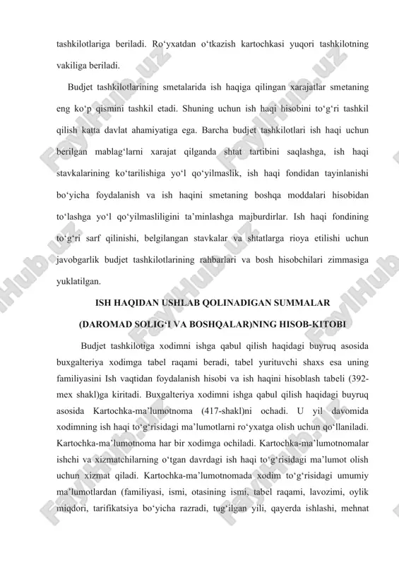 ishdan bo‘shatish haqidagi buyruq asosida yoziladi. bo‘shatilayotgan xodim o‘z hisobida bo‘lgan barcha moddiy qiymatliklarni topshiradi, undan keyin bo‘shatish haqidagi ma’lumot xati xodimlar bo‘limi tomonidan buxgalteriyaga «ta’til berish haqidagi va xodimlarni ishdan bo‘shatish haqidagi ma’lumot xatlarini» ro‘yxatga olish jurnaliga imzo chektirib beriladi. tegishli hujjatlashtarishlarda ko‘zda tutilmagan to‘lovlarning yoki ushlab qolishlarning turlari bo‘yicha yoki ularni to‘lash hisob-kitob qilish davrining muddatlari bo‘yicha to‘g‘ri kelmaganda hisoblangan mehnat haqi yoki ushlangan summalar to‘lov yoki ushlab qolishlarning boshqa turlari qaydnoma (426-mex-shakl)da amalga oshiriladi. qaydnoma hisob-kitob qilish davri uchun buxgalteriya tomonidan to‘lovlarga alohida va ushlab qolishlarga alohida rasmiylashtiriladi. vaqgincha mehnatga layoqatsizlik bo‘yicha nafaqalar vaqtincha mehnatga layoqatsizlik varaqasi asosida amalga oshiriladi. vaqtincha mehdatga layoqatsizlik bo‘yicha nafaqalarni to‘lash ish haqi bilan birga amalga oshiriladi. vaqtincha mehnatga layoqatsizlik varaqalari alohida papkaga tikiladi va yil boshidan boshlab xronologik tartibda raqamlanadi. har bir varaqda u hisoblash uchun kiritilgan hisob-kitob-to‘lov qaydnomaning raqami qo‘yiladi. ish haqi bo‘yicha hisob-kitoblarni tuzish bir vaqtning o‘zida mehnat haqi …