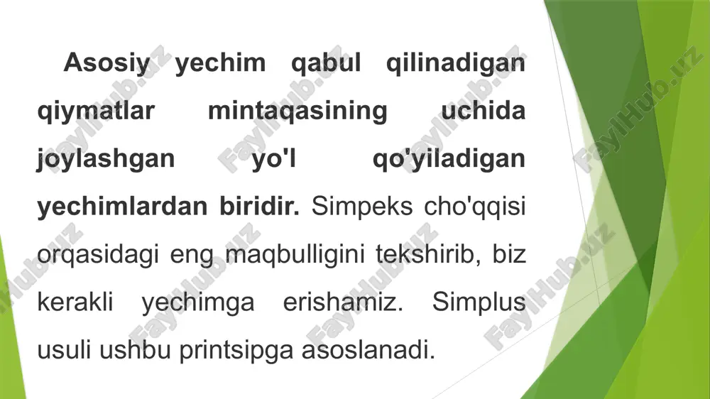 12, 12) bo’ladi. shakl uchlaridagi z ning qiymatlari z(a) = 15, z(b) = 49, z(c)= 70, z(d)=72, va z(e) = 60 d nuqtada z maksimum qiymatga erishadi. z(d)=72. bu nuqtada x va y ning qiymatlari x = 18, y = 12 ga teng. asosiy adabiyotlar 1. tomas kormen, charlz leyzerson, ronald rivest, klifford shtayn. algoritmi postroenie i analiz. moskva-sankt-peterburg- kiev. izd. dom “vilyams”, 2005. 1293 str. 2. levetan anany. introduction to the design & analisis of algorithms. 3rd ed. villanova university.new jersiy. 2012. 693 page. 3. rod stivens. gotovie algoritmi. m.: dmk press. piter 2014. 384 str. 4. stiven skieni. algoritmi. rukovodstvo po razrabotke. piter 2011. 715 str. qo’shimcha adabiyotlar 1. computer algorithms by horowits e., sahni., rajasekaran s., galgotia publications, 2001. image1.png image2.png image14.png /docprops/thumbnail.jpeg
