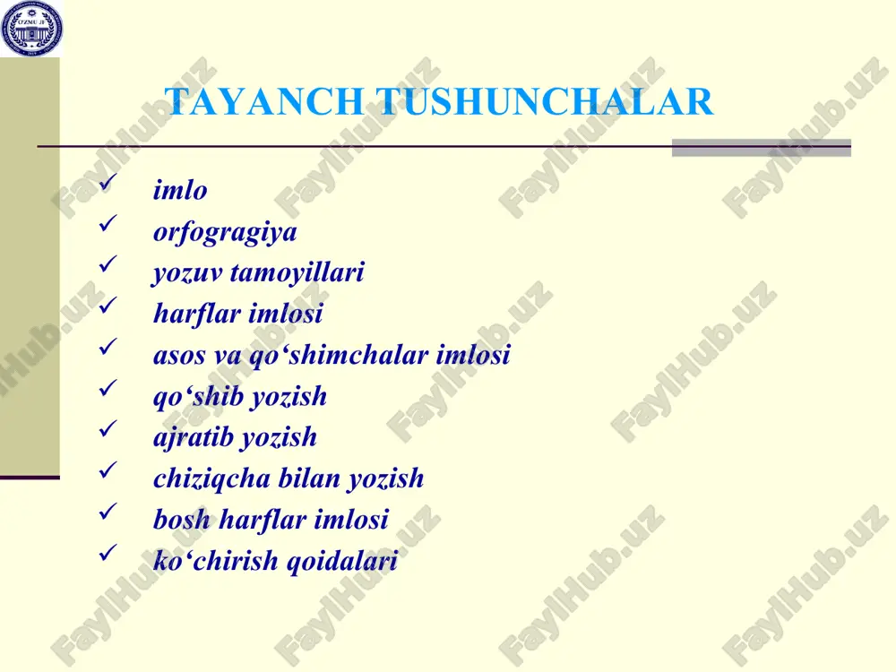 iymataxta, tokqaychi, ko‘zoynak kabi. 7. qaratqich + qaralmish tipidagi birikmaning so‘zga aylanishi bilan yuzaga keluvchi qo‘shma otlar: mingboshi, shaftoliqoqi, olmaqoqi, qovunqoqi kabi. 4. narsani biror belgisi asosida bildiruvchi qo‘shma otlar: olaqarg‘a, qizilishton, achchiqtosh, mingoyoq kabi. 7. ikkinchi qismi turdosh otlardan yoki obod so‘zi bo‘lgan joy nomlari: sirdaryo, kattaqo‘rg‘on, to‘rtko‘l, yakkabog‘, yangiobod, xalqobod, fayziobod kabi. ammo ikkinchi qismi atoqli otlardan bo‘lgan joy nomlari ajratib yoziladi: o‘rta osiyo, yuqori chirchiq, qo‘yi chirchiq, ko‘hna urganch kabi. 8. takror taqlid so‘zlarga qo‘shimcha qo‘shish bilan yasalgan ot va fe’llar qo‘shib yoziladi: pirpirak (pir-pir+ak), hayhayla (hay-hay+la), gijgijla (gij-gij+la) 9. marosim, afsona kabilarni bildiruvchi qo‘shma otlar qo‘shib yoziladi: kiryuvdi, kelintushdi, qoryog‘di kabi. 10. rus tilidan aynan o‘zlashgan yoki kalka usulida hosil qilingan qo‘shma so‘zlar: kinoteatr, fotoapparat, elektroapparat, elektrotexnika kabi. 11. qisqartma otlar qo‘shib yoziladi: o‘zmu (o‘zbekiston milliy universiteti), o‘zxdp (o‘zbekiston xalq demokratik partiyasi) kabi. chiziqcha bilan yozish 1. juft va takror so‘zlar chiziqcha bilan yoziladi: mehr-oqibat, katta-kichik, …