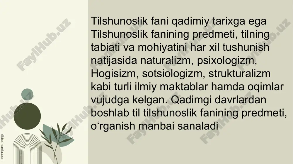 bi fanlarga oid materiallar va xulosalardan foydalanadilar. tilshunoslik fani eng uzoq tarixga ega bo‘lgan fanlar sirasiga kiradi. u eramizdan bir necha yuz yillar avval qadimgi hindiston va qadimgi yunoniston (gretsiya)da taraqqiy eta boshlagan. qadimgi yunoniston olim va faylasuflari o‘rtasida so‘z va uning tushunchasi o’rganilgan qiyosiy-tarixiy metod shakllandi va unga hamohang tarzda til haqidagi fan ham qiyosiy-tarixiy tilshunoslik fani deb yuritila boshlandi yevropa tillarining sanskrit (qadimgi hind) tili bilan uzviy bog‘lanishiligi va tillarning o‘zaro aloqadorlik, bog'liqlik taraflari jiddiy o‘rganila boshlandi. xix asrning birinchi yarmida qiyosiy-tarixiy o‘rganish borasida nemis olimlari frans bopp (1791-1867), yakob grimm (1785-1863), daniyalik olim rasmus rask (1787-1832), rus olimi aleksandr vostokov (1781-1864), chex olimi dobrovskiy (1753- 1829) kabilarning xizmatlari katta bo‘ldi tushuncha ta’rif tilshunoslik a) ma’lum bir tilning belgilarini tadqiq qiluvchi yo‘nalish umumiy tilshunoslik b) dunyodagi barcha tillarga xos umumiy belgilarni o‘rganuvchi yo‘nalish xususiy tilshunoslik c) tilni ichki munosabatlar va tizim asosida o‘rganadigan yo‘nalish struktural lingvistika d) belgilar …