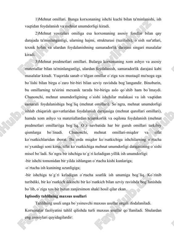 qtisodiy tahlilning maxsus usullari tahlilning usuli unga bo`ysinuvchi maxsus usullar orqali ifodalaniladi. korxonalar faoliyatini tahlil qilishda turli maxsus usullar qo`llaniladi. shulardan eng asosiylari quyidagilardir: a) taqqoslash usuli - korxona faoliyatini tahlil qilishning eng asosiy usulidir, zero «barcha narsa taqqoslashda aniqlanadi». taqqoslash usullarini sanab o`tamiz: - haqiqatdagi ko`rsatkichlarni biznes-reja darajasidagi ko`rsatkichlar bilan taqqoslash natijasida biznes-rejaning bajarilish darajasi va sifati aniqlanadi; - joriy yilda amaldagi ko`rsatkichlarni o`tgan davr hisoboti bilan taqqoslash natijasida ishlab chiqarishning o`sish sur'ati aniqlanadi; - ishlab chiqarishda eng mukammal namunaga ega bo`lgan korxonaning iqtisodiy modeli bilan taqqoslash. bu o`rinda taqqoslash kompleks tarzda olib borilmaydi, balki ushbu korxonaning ayrim ko`rsatkichlari bilan taqqoslanadi. masalan, dastgohlardan foydalanish koeffitsienti yoki aytaylik, moddiy resurslardan foydalanish darajasi bo`yicha. hozirgi vaqtda sanoat korxonalarida taqqoslama tahlil usulining bir ko`rinishi bo`lgan korxonalararo taqqoslama tahlil usuli katta ahamiyatga ega bo`lmoqda. bu usul ilg`or ishlab chiqarish tajribalarini yoyish maqsadida aloqador bo`lgan turli korxonalar ishining texnik-iqtisodiy ko`rsatkichlarni taqqoslab ko`rishga asoslanadi; - …