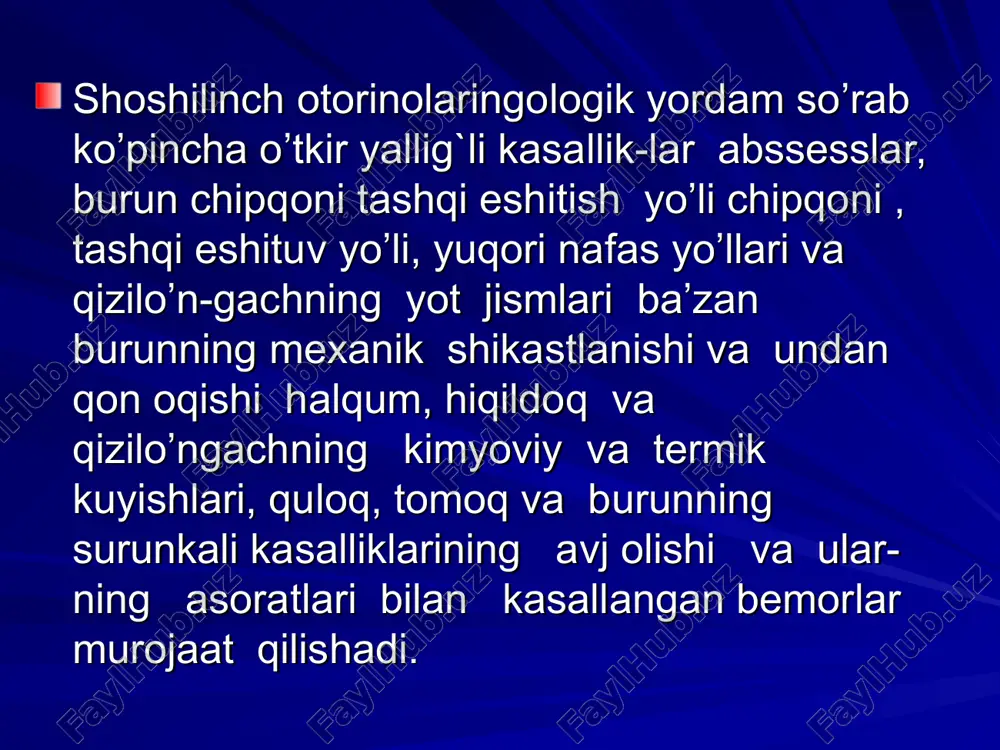 rundan qon oqishi o’z-o’zidan to’xtaydi, ammo ko’pincha old tiqmani qo’llashga to’g`ri keladi, u holda suyak parchalarining fiksastiyasi ham zarur. bolalarda shikastlanish natijasida burundan qon oqishiga elastik tiqmalardan foydalanish maqsadga muvofiq kuchli qon oqishlarida orqa tiqma-ni ham bajarish kerak bo’ladi. burun sohasiga muzli xaltacha qo’yish qon oqishini va to’qima shishini kamaytiradi. tiqmalar 1-2 sutkadan so’ng kasalxona sharoitida almashtiriladi yoki olib tashlanadi. birlamchi jarrohlik muolajasi paytida o’lik to’qimalar kesib olinadi, jarohat chetlarini esa ot sochlari yordamida tikish tavsiya etiladi. ba’zan fiksastiya qiluvchi boylam qo’yiladi. burun to’sig`i gematomasi shprist yordamida so’rib olinadi. bosuvchi old tiqma bajariladi. singan suyak va tog`ay parchalari tejamkorlik bilan olib tashlanadi. yumshoq to’qimalarni iloji tejamkorlik bilan kesib chok qo’yiladi. suyak parchalarini joylashtirish va o’z joyiga o’rna-tish muhim ahamiyatga ega. bolalarda suyak parchalarining bitishi kattalarga qaraganda ertaroq tugaydi. ammo jarohatdan so’ng asorat-lar rivojlanishi mumkin. burun to’sig`i gematomasi va abssessi gematoma keskin shikastda perixondriyaning shikastlangan tog`aydan ajralishi natijasida rivojlanadi. gematomaga sabab …