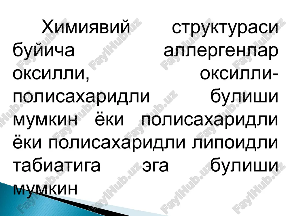иммунизация килинган пайтда хусусий иммунокомплементлар томонидан антитело ишлаб чикарилади. пассив сенсибилизацияда реципиент организмга, сенсибилизацияланган организмдан зардоб олиб, тайёр антитело юбориб сезувчанлик орттирилади. десенсибилизация анафилактик шокдан сунг денгиз чучкаси улмасдан колса анча вактгача антигенга нисбатан рефрактор булиб колади. сенсибилизация холатидан чикишга десенсибилизация ходисаси дейилади. анафилаксик патогенези: гуморал целлюлер нерв-рефлектор патергик адонинг пилиергик назарияси: иммунобиологик фаза юборилган антигенга нисбатан антитело; патохимическая фаза антиген антитело комплекси хосил булиши натижасида биологик актив моддалр хосил булиши; патофизиологик фаза медиаторлар таъсирида турли структураларни узгариши; анафилактик реакциялар пайтида ажраладиган медиаторлар медиаторларни номи асосий манбаси таъсир механизми гистамин базофиллар, мастоцитлар контомирларини кенгайтиради капиллярларни утказувчанлигини оширади, бронхларни торайтиради серотонин ички орган хужайраларида синтезланиб тромбоцитларда сакланад юрак-кон томирлар фаолиятини тромбоцитар реакцияларни реагуляциясидаги иштироки булади эозинофилларни хемотоксик омили мостоцитларда эозинофиллардан вазоактив фермент- ингибиторларини ажралишини таъминлайди нейтрофилли хемотоксик омил мостоцитларда нейтрофиллардан ажралган субстанция яллигланиш билан жавобининазорат килади гепарин мостоцит эозинофиллар гистамин ажралишини назорат килади простагландинлар полиморф ядроли лейкойит, тромбоцитлар мостоцитлар яллигланишни кучайтирувчи …