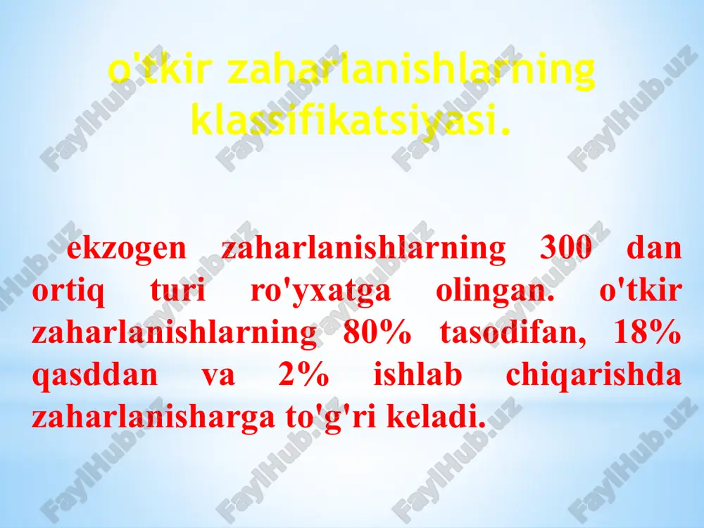 tasiri - toksik gepatopatiya. xlorlangan uglevodorodlar (dixloretan), zaharli zamburug'lar (oq pagonka) fenollar va aldegidlar. 5. qonga tasir qiluvchi zaharli moddalar: gematotoksik tasiri - gemoliz, metgemoglobinemiya. anilin va uning brikmalari, nitratlar, mishyak vodorodi. 6. oshqozon-ichakka ta'sir qiluvchi zaharli moddalar: gastroenterotoksik ta'siri – toksik gastroenterit. o'tkir kislota va ishqorlar, og'ir metall birikmalari va mishyak. 7. o'pkaga ta'sir qiluvchi zaharli moddalar: pulmonotoksik ta'siri – toksik shish va o'pka fibrozini yuzaga kelishi. parakvat, fosgen. zaharlanishlarning umumiy diagnostika usullari klinik diagnostika usullari elektroentsefalogramma elektrokardiogramma laborator toksikologik ma'lumotlarga asoslangan diagnostika patomorfologik diagnostika endotoksikoz darajasining ko'rsatgichlari ko'rsatgichlar endotoksikoz darajasi i ii iii puls 1 min. da 110 tagacha 110-120 >130 nafas 1 min.da 22 tagacha 23-30 >30 mns faoliyati engil eyforiya karaxtlik yoki qo'zg'alish intoksikatsion psixoz sutkalik diurez ml >1000 800-1000 0,300 > 0,500 > 0,800 mochevina mmol/l, me'yor (6-8) >8 >10 > 17 umumiy oqsil g/l 70 60 < 60 faol detoksikatsiyaga ko'rsatmalar bemorning psixomotor qo'zg'alishlarida …