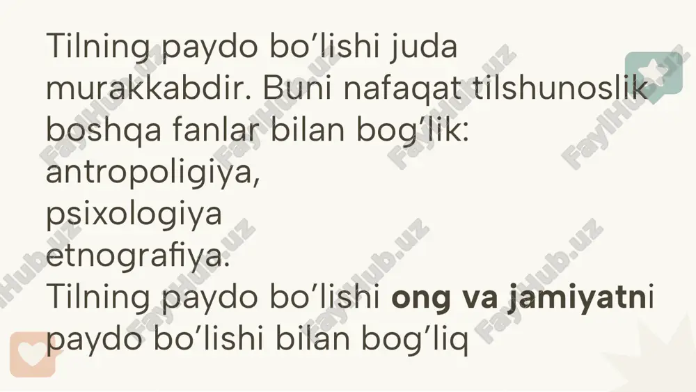 olos. yuqorida sanab o`tilgan nazariyalarning hech biri tilning paydo bo`lishi masalasini inson, tafakkur va jamiyatning paydo bo`lishi bilan bog`lab o`rganmaydi. tilning paydo bo’lishi odamning paydo bo’lishi bilan uzviy bog’liq va bu 2 ta biologik faktorga bog’liq: 1. maymunning oldingi oyoqlari qo’l vazifaasini o’tay boshladi va mehnat qilishga imkon berdi. 2. daslabki ma’no anglatmaydigan tovushlar asta-sekin ma’no kashf etishi. bu esa maymunlarning hiqildog’ini rivojlanishiga va tovushlarni aniq talaffuzni rivojlantirdi. tilning rivojlanish bosqichlari qabila va urug‘ tillari har bir urug‘/qabilaning o‘z tili. ko‘payish va hudud kengayishi → shevalar paydo bo‘lishi. milliy tillarga o‘tish ijtimoiy-iqtisodiy o‘zgarishlar → umumiy til zarurati. misol: fransuz tili (parij shevasi asosida), ingliz tili (chatishuv yo‘li bilan). adabiy til shakllanishi yozuvchilar va shoirlarning roli (navoiy, shekspir, pushkin). til taraqqiyotiga ta’sir etuvchi omillar substrat va superstrat: substrat: mahalliy tilning g‘olib tilga ta’siri (masalan: kelt tillarining ingliz tiliga ta’siri). superstrat: g‘olib tilning mag‘lub tilga ta’siri (masalan: fransuz tilining ingliz tilidagi izlari). …