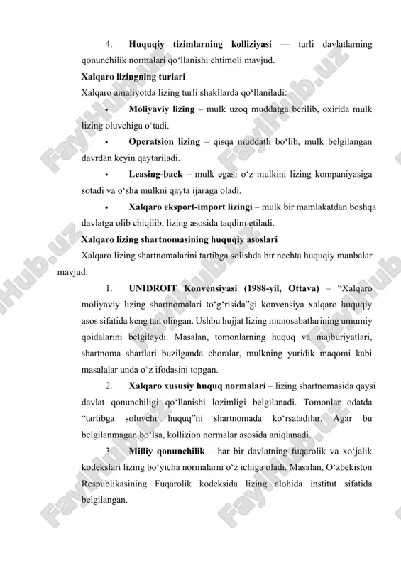 i, belgilangan to‘lovlarni o‘z vaqtida amalga oshiradi va shartnoma shartlariga rioya qiladi. · ishlab chiqaruvchi (sotuvchi): mulkning sifatiga javob beradi, kafolat muddati doirasida xizmat ko‘rsatadi. huquqiy muammolar va kollizion masalalar xalqaro lizing shartnomalarida quyidagi huquqiy muammolar ko‘proq uchraydi: · qaysi davlat huquqi tatbiq etilishi masalasi. · shartnoma shartlarining turlicha talqin qilinishi. · moliyaviy risklar va ularni kim ko‘tarishi masalasi. · lizing oluvchining to‘lov qobiliyati va uni ta’minlash mexanizmlari. shu sababli, xalqaro amaliyotda shartnomalar odatda arbitraj nizolarini hal etish tartibi va qo‘llaniladigan huquqiy tizimni oldindan ko‘rsatadi. xalqaro lizingning iqtisodiy ahamiyati xalqaro lizing shartnomalari rivojlanayotgan davlatlar uchun alohida ahamiyat kasb etadi. ularning yordamida korxonalar katta miqdordagi investitsiyalarsiz zamonaviy texnika va texnologiyalardan foydalanish imkoniyatiga ega bo‘ladi. bu esa ishlab chiqarishni modernizatsiya qilish, eksport salohiyatini oshirish va xalqaro iqtisodiy integratsiyani kuchaytirishda muhim omil hisoblanadi. kollizion masalalarning kelib chiqish sabablari va ularning huquqiy xususiyatlari hozirgi globallashuv davrida davlatlar o‘rtasidagi iqtisodiy, siyosiy va madaniy aloqalar tobora …