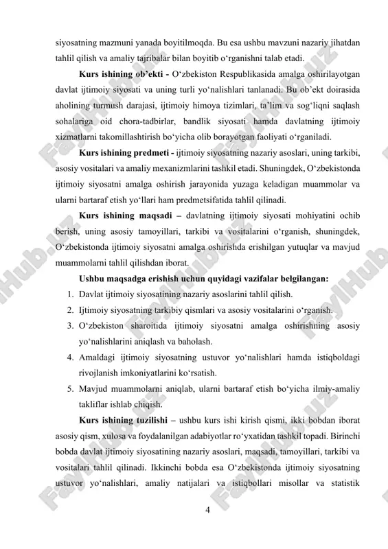 i tushuniladi. uning asosiy maqsadi iqtisodiy rivojlanish bilan bir qatorda fuqarolarning ijtimoiy farovonligini oshirish, imkoniyatlardan teng foydalanishni yo‘lga qo‘yish hamda aholining barcha qatlamlari uchun munosib yashash sharoitlarini yaratishdir. mazkur siyosatning mazmuni doimo jamiyat taraqqiyoti darajasi, mavjud ijtimoiy muammolar va mamlakatning iqtisodiy imkoniyatlari bilan chambarchas bog‘liq bo‘ladi. davlatning ijtimoiy siyosatidagi eng muhim tushunchalardan biri bu ijtimoiy adolatdir. chunki har qanday mamlakatda resurslar cheklangan, aholi esa turli tabaqalanish darajalariga ega bo‘ladi. shu sharoitda davlatning asosiy vazifasi barcha fuqarolar uchun teng sharoit yaratishdir. masalan, ta’lim va sog‘liqni saqlash xizmatlari davlat tomonidan keng miqyosda tashkil etilishi natijasida aholining boy qatlamigagina emas, balki kam ta’minlangan oilalarga ham sifatli xizmatlardan foydalanish imkoniyati yaratiladi. bu esa ijtimoiy adolatning amaldagi ko‘rinishidir. yana bir asosiy tushuncha – ijtimoiy himoya bo‘lib, u nogironlar, nafaqaxo‘rlar, ishsizlar, kam ta’minlanganlar kabi aholining zaif guruhlarini qo‘llab-quvvatlashni anglatadi. bu jarayon moddiy yordam, imtiyozlar, subsidiyalar yoki ijtimoiy xizmatlar ko‘rinishida amalga oshiriladi[footnoteref:1]. [1: shakarov a. b., mahmudov …