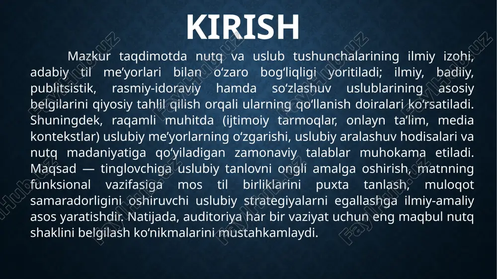 oshiradi. publitsistik uslubning yutug‘i — o‘quvchini fikrlashga undash; ehtiyot chorasi — emotsionallik fakt tekshiruvchanligini soya qilmasligi kerak. rasmiy-idoraviy uslub huquqiy-me’yoriy aloqa ehtiyojini qondiradi va standartlashtirilgan qoliplar, aniqlik va qat’iy sintaksis bilan ajralib turadi. buyruq, farmoyish, nizom, shartnoma, ma’lumotnoma, ariza, protokol singari hujjatlarda noaniqlikka o‘rin yo‘q: sanalar, rekvizitlar, aniq subyekt-obyekt ko‘rsatkichlari va normativ terminologiya zarur. passiv konstruksiyalar va shablon iboralar (“tasdiqlansin”, “shuni ma’lum qilamiz”, “mazkur hujjat…”) matnning rasmiy ohangini belgilaydi. ushbu uslubning ustunligi — yuridik aniqlik va praktik qulaylik; zaiflashishi mumkin bo‘lgan nuqta — byurokratik uzunso‘zlik va o‘quvchiga ortiqcha yuklama berish xavfi. so‘zlashuv uslubi kundalik, norasmiy muloqotning tabiiy ko‘rinishi bo‘lib, tezkorlik, erkinlik va dialogiklik bilan xarakterlanadi. og‘zaki nutqda intonatsiya, pauza, urg‘u, imo-ishora kabi paralingvistik vositalar mazmunni to‘ldiradi; yozma chat va ijtimoiy tarmoqlarda esa qisqartmalar, emotikonlar yoki og‘zaki shakllar ko‘rinishida namoyon bo‘ladi. sintaksis sodda, gaplar ko‘pincha to‘liqsiz, takror va ellipsislar tez-tez uchraydi. so‘zlashuv uslubining afzalligi — samimiylik va aloqa tezligi; ehtiyot choralari …
