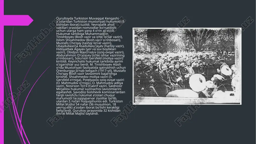 etib keldi. 19 fevraldan boshlab 3 kun davomida qizil askarlar shahar ustiga toʻplardan yondiruvchi snaryadlar yogʻdirishdi. shahar butunlay vayron boʻldi va oʻtolov ichida qoldi. qoʻqonning oʻzida 3 kun davomida 10 mingdan ziyod kishi oʻldirildi. muxtoriyat qoʻshinining tirik qolgan qismi kichik ergash boshchiligida (200—300 yigit) qoʻqon yaqinidagi bachqir qishlogʻiga chekindi va mudofaa istehkomlarini qurib, dushman hujumini qaytardi. qizil gvardiyachilar qoʻqon va uning atroflaridagi tinch aholini talash va oʻldirishni avj oldirishdi. sovet rejimi turkiston muxtoriyati hukumatini 19 fevralda qurol kuchi bilan agʻdarib tashladi 1918-yil 22-fevralda qoʻqon shahridagi rus-osiyo banki binosida bolsheviklar tomonidan tayyorlangan „tinchlik shartnomasi“ imzolandi. turkiston muxtoriyati hukumati atigi 72 kun umr koʻrgan boʻlsa ham, u erksevar xalqimizni milliy mustaqillik va istiklol uchun kurashga daʼvat etdi. bu hukumatning agʻdarilishi turkistonliklar tomonidan sovet rossiyasining turkistonga nisbatan tajovuzkor rejalari mavjudligining yana bir dalili sifatida qabul qilindi. turkistonliklar tinch yoʻl (parlament) bilan milliy davlatchilikni qayta tiklash mumkin emasligini tushunib, 1918-yil fevral oyining oxirida qoʻllariga …