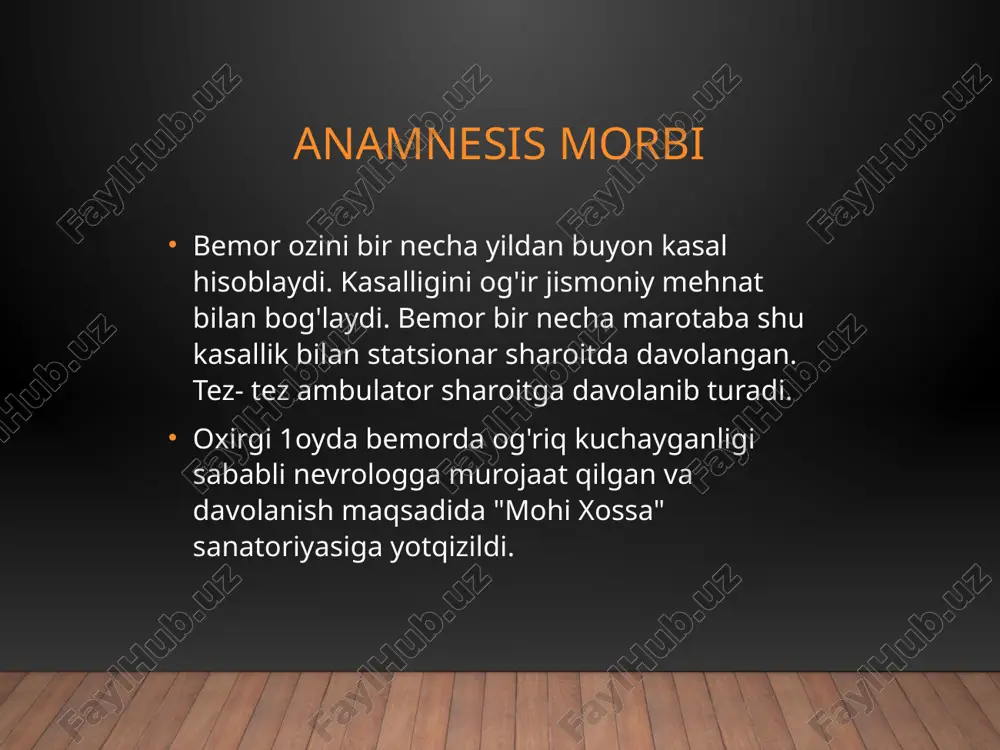 iruvchi preparatlar umumiy quvvatlovchi terapiya vitaminoterapiya nevrologik belgilarni davolash mashqlar fizioterapiya massaj retsept 1) rp.: sol. vitaminii b12 1ml n=10 d.s . 2mldan , natriy xlorid 0.9%li 100ml eritmasiga qo'shib, vena ichiga yuborilsin. 2) rp.: sol. diklofenacii 3ml n=5 d.s. kuniga 3mldan 1 mahal, ertalab mushak orasiga yuborilsin, 5 kun davomida. 3) rp.: sol. reosorbilactii 200ml n=3 d.s. kuniga 1mahal kunning birinchi yarmida vena ichiga sekin jo'natilsin. 4) rp.: sol. medocalmii 1ml n=10 d.s. kuniga 1mldan, ertalab va kechqurun m/o yuborilsin. image1.jpg
