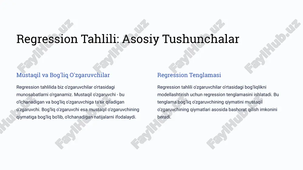 rish regression tahlilining avtomatlashtirilishi biznesning samaradorligini oshirishga yordam beradi. 2 mashina o'qitish mashina o'qitish texnologiyalari bilan birgalikda regression tahlili yanada aniq va murakkab tahlillarni amalga oshirish imkonini beradi. 3 katta ma'lumotlar tahlili katta ma'lumotlar tahlili regression tahlilining imkoniyatlarini kengaytiradi, chunki u ko'proq ma'lumotlar bilan ishlash imkonini beradi. regression tahlili biznesning turli sohalarida qo'llaniladigan kuchli vosita bo'lib, biznesning samaradorligini va muvaffaqiyatini oshirishga yordam beradi. kelajakda regression tahlili avtomatlashtiriladi, mashina o'qitish bilan birlashtiriladi va katta ma'lumotlar tahlili bilan kengaytiriladi. 1.7.2013 9 ‹#› xulosa regression tahlili - bu biznes faoliyatida o'zgaruvchilar o'rtasidagi bog'liqlikni o'rganish va bashorat qilishning kuchli vositasi. to'g'ri qo'llanilganda, bu texnika biznesning samaradorligini oshirish, xarajatlarni kamaytirish va raqobatbardoshlikni oshirishga yordam beradi. e’tiboringiz uchun rahmat! image1.png image2.png image3.png image4.png image5.png image6.png image7.png image8.png image9.png image10.png image11.png image12.png image13.jpeg image14.png image15.png image16.png image17.png image18.png image19.png image20.png image21.png image22.png image23.png /docprops/thumbnail.jpeg