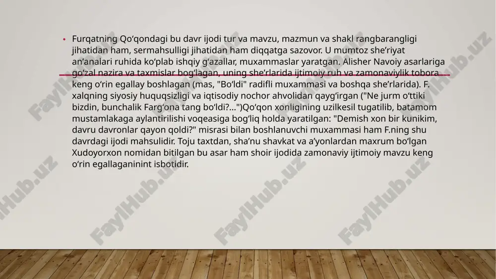 i. bu esa f.nint koʻp asrli oʻzbek adabiyotiga yangi mavzular, yangi gʻoyalar olib kirishiga zamin boʻldi. toshkentda ochilgan erlar gimnaziyasi, maorif muassasalari, madaniyat va sanʼat oʻchoqlarini, tobora koʻproq kirib kelayotgan fantexnika yangiliklarini kuzatish oqibatida uning "ilm xosiyati", "gimnaziya", "vistavka xususida", "akt majlisi xususida", "toshkent shaxrida boʻlgʻon nagʻma bazmi xususida", "suvorov" va boshqa asarlari maydonga keldi va ularning barchasi 1890 yillarda "turkiston viloyatining gazeti"da chop qilindi. image2.jpeg image1.jpg /docprops/thumbnail.jpeg