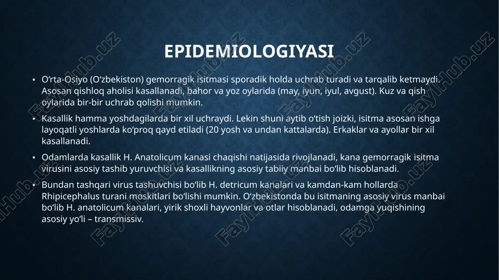 laja o'rnidan qon ketishi yuz giperemiyasi 14 klinicheskie proyavleniya podtverjdayushie virusnuyu gemorragicheskuyu lixoradku vklyuchayut krovoizliyaniya, krovotochivost ix mest kojnix prokolov pri in'ektsiyax, krovotecheniya izo rta, nosa i desen, i giperemiya litsa i verxney chasti grudnoy kletki. tuzalish davri kasallikning 8-9-kunidan boshlanadi, bemorda intoksikatsiya belgilari kamayadi gemorragik belgilar, toshmalar oqara boshlaydi. rekonvalessentsiya davri 2-3 hafta davom etadi va bemorning umumiy holsizligi bilan namoyon bo‘ladi. gemorragik isitma og‘irlik darajasiga qarab: yengil, bilinar-bilinmas o‘tadi; o‘rtacha og‘ir, og‘ir (kasallikning og‘irligi) gemorragik sindromning namoyon bo‘lishi bilan belgilanadi. burundan milklardan, ichaklardan qon ketish, qon qusish bilan birga kelsa kasallik yanada og‘ir kechadi. asoratlar gemorragik shok - ko‘p qon yo‘qotish natijasida hamrox infeksiya (o‘choqli pnevmoniya, parotit, sepsis). retsidivlar kamdan-kam uchraydi. tashxisoti kasallikning aniq kechuvida tashxis qo‘yish qiyin emas, ayniqsa tabiiy o‘choq zonalarida. ko‘rsatma kana chaqishi va kasallik belgilarining ketma-ket namoyon bo‘lishi (kasallik belgilarining o‘tkir boshlanishi, qaltirash, harorat, gemorragik belgilar) kasalikka aniq tashxis qo‘yishga yordam beradi. gemorragik isitmada …