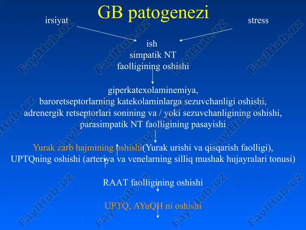nitski testi. buyraklar va buyrak usti bezlarining mrt miyaning rentgen tomografiyasi (turk egari) gormonal miqdorini aniqlash (ttg, kortizol, jinsiy gormonlar, aldosteron) gipertenziya davolashning maqsadi - yurak -qon tomir kasalliklari va o'limining umumiy xavfini maksimal kamaytirish, bu nafaqat qon bosimining pasayishini, balki barcha aniqlangan xo chastotalarini to'g'rilashni, naz jarayoniga ta'sirini va akhni davolashni nazarda tutadi. maqsadli qon bosimi darajasi bemorlarning barcha guruhlari uchun (shu jumladan qandli diabet!) -130/80 mm hg 65 yoshdan oshgan yurak ishemik kasalligi, dep bilan og'rigan bemorlar uchun yuqori qon bosimidan 140-160 / 90 mm hg gacha. nomedikamentoz terapiya - xavf omillarini tuzatish stress bilan kurashish chekishni tashlash osh tuzini cheklash o'rtacha spirtli ichimliklarni iste'mol qilish jismoniy faollik vazn yo'qotish parhez: hayvon yog'larini cheklash, o'simlik yog’lari, baliq va sut mahsulotlarini iste'mol qilishni ko'paytirish medikamentoz terapiya doimiy gipotenziv terapiya !!! bir dorining minimal dozalari bilan davolanishni boshlash samaradorligi past yoki tolerantligi past bo'lganda boshqa toifadagi dorilarga o'tish uzoq muddatli …