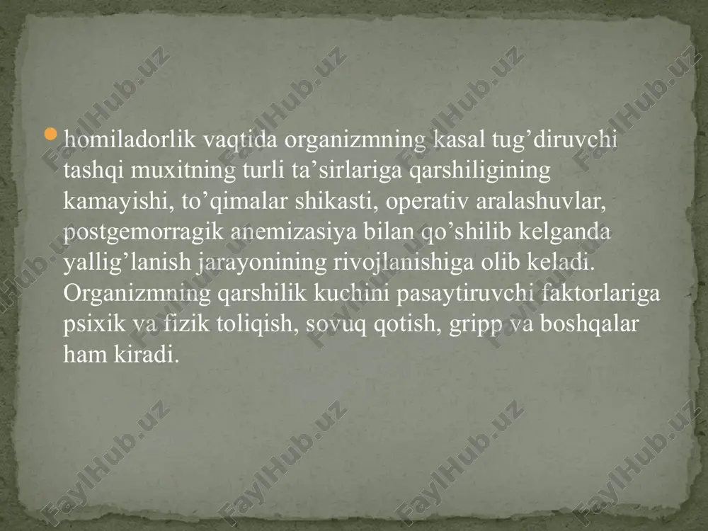 funksiyasini buzilishi aniqlanadi. bemor umumiy axvolining buzulishi, mehnat faoliyatining susayishi , kayfiyatning beqarorligi, tasirchanlik kuzatiladi. chuqur paypastlanganda aorta yo’li bo’ylab, pastki kovak vena yopqich mushak sohasida, dumg’aza chigali sohasida og’riq. bachadon ortiqlari biroz kattalashgan, zichlashgan, paypastlanganda kam og’riqli. qonda leykopeniya limfasitoz, sikl davrida esterogen va progesteron miqdorini yetishmastligi. anamnez qin orqali tekshirgandagi ma’lumotlar(bachadon ortiqlarining kattalashganligi, paypastlanganda bezillab og’riqli bo’lishi) ultratovush orqali tekshirish antibyotiklar og’riq qoldiruvchi preparatlar desensibilizatsiya qiladigan preparatlar. umumiy quvvatlantiruvchi moddalar asoratlar berganda operativ davo. o’tkir davrida bachadon bo’yni atrofida qizarish, shish kuzatiladi. bachadon bo’yni kanalidan yiringli yoki shilliq yiringli, ajralma kelib turadi. o’rtacha o’tkir yoki surunkali bosqichlarga o’tganda qizarish va shish kamayadi, alralma shilliq yiringli, keyinchalik shilliqli bo’ladi. endoservitsit ko’pincha eroziya bilan qo’shilib keladi. antibyotiklar: ketonal rektal shamchalar siteal va 2 % li iliq soda eritmasi bilan chayiladi. fizioterapevtik muolajalar kaliy yodid bilan elektroforez qilinadi. o’tkir davrida: yotoq tartibi antibyotiklar nosteroid yallig’lanishga qarshi priparatlar. desensabilazatsiyalovchi praparatlar umumiy quvvqtlantiruvchi …