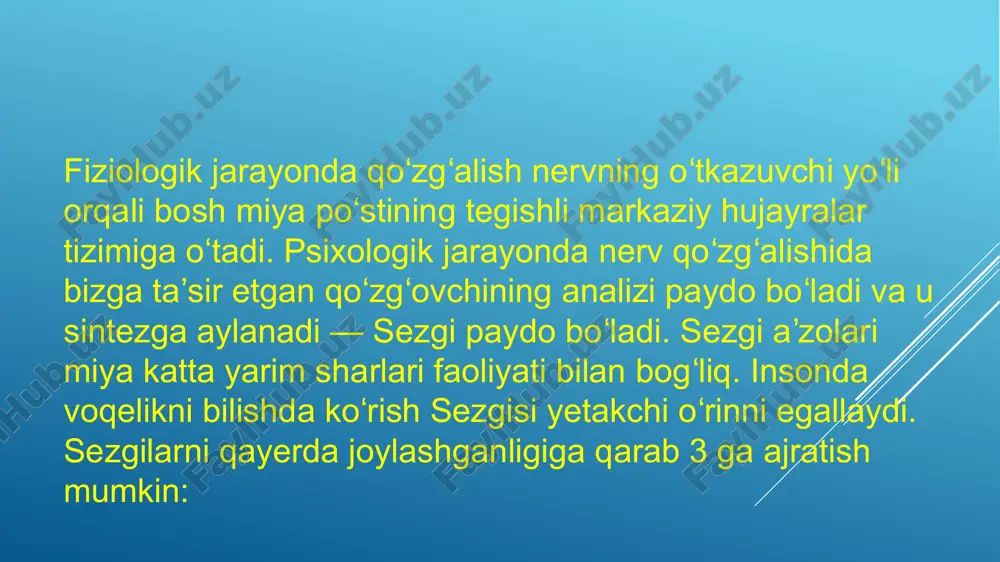 ishning dastlabki ko‘rinishi ingliz olimi ch.sherringtonga taalluqlidir. u retseptorning qaerda joylashganligiga qarab, sezgilarni uch turga bo‘ladi. 1. tashqi muhitdagi narsa va hodisalarning xususiyatlarini aks ettirishgamoslashgan hamda retseptorlari tananing sirtqi qismida joylashgan sezgilar, ya’ni ekstroretseptiv sezgilar; 2. ichki tana a’zolari holatlarini aks ettiruvchi hamda retseptorlari ichki tana a’zolarida, to‘qimalarda joylashgan sezgilar, ya’ni interoretseptiv sezgilar. 3. tanamiz va gavdamizning holati hamda harakatlari haqida ma’lumot (axborot, xabar) beruvchi muskullarda, bog‘lovchi paylarda, mushaklarda joylashgan sezgilar, ya’ni proprioretseptiv sezgilar. sezgilarning tasnifi va bu boradagi tadqiqotlarni tahlil qilamiz. dastlabki mulohazalar interoretseptiv sezgilar u borasida rus psixologi a.r.luriya tadqiqot ishini olib borgan. uning fikricha, interoretseptiv sezgilar asl, tub, ma’nodagi sezgilar emas, balki emotsiyalar bilan sezgilar o‘rtasidagi oraliq sezgilar sifatida namoyon bo‘ladi. psixologiya fanida mazkur sezgilar to‘la o‘rganilmaganligi sababli uni “noma’lum hislar” deb atalgan. bu asosan ichki organlarning xastaliklarida vujudga keluvchi holatlarni diagnostika qilishda alohida ahamiyat kasb etadi. psixologiya fanida uchta katta guruhga ajratilgan sezgilar (ekstroretseptiv, proprioretseptiv, introretseptiv) …