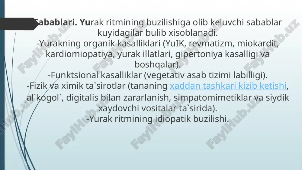 inchalar kompleksining oldida keladi va musbat buladi. r-r masofa uzaygan, yurak urishlari soni 40 -59 ta atrofida buladi. sinus aritmiyasi. sinus aritmiyasi deb sinus ritmi saklangan xolda davriy ravishda yurak kiskarishlari sonining tezlashib yoki sekinlashib turishiga aytiladi.sinus aritmiyasi xam fiziologik va patologik bulishi mumkin. fiziologik sinus aritmiyasi yosh bolalarda, usmirlarda nafas olish bilan boglik bulishi mumkin va ularni nafas aritmiyasi deyiladi. patologik sinus aritmiyasi lixoradka xolatida, upka emfizemasida, bosh miya bosimi oshishida, tireotoksikozda, revmatizmda, miokard infarktida, yurak illatlarida kuzatilishi mumkin. sinus aritmiyasida elektrokardiografik 2 xil uzagrish kuzatiladi. sinus ritmi saklanganligi, ya`ni r tishcha korinchalar kompleksining oldida keladi va musbat buladi. r – r interval davomiyligining bir-biridan 0,15 sekunddan kuprok farklanishi. sinus aritmiyasida bemorlar deyarlik shikoyat kilmaydi. shuning uchun davolashga xam extiyoj bulmaydi sinus tuguni kuvvatsizligi sindromi. sinus tuguni kuvvatsizligi sindromida, sinus tuguni uzining asosiy funktsiyasi – ritm boshlovchisi vazifasini bajarolmay kolishi tufayli yuzaga keladi. sinus tuguni kuvvatsizligi sindromida sinus bpadikardiyasi, …