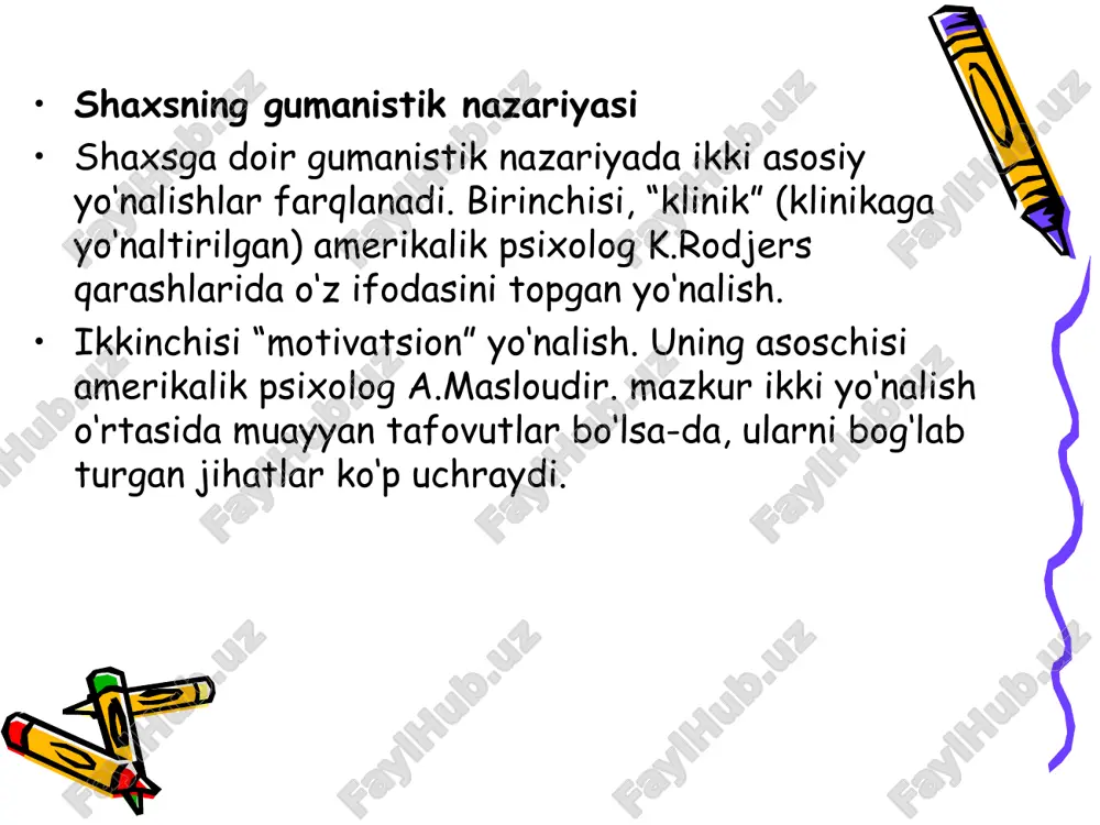 en) aniq biladi; uchinchidan, yangi tajribani o‘zlashtirishga maksimal darajada ochiq va hayotni “ayni damda va shu yerda” qanday bo‘lsa shundayligicha qabul qiladi; to‘rtinchidan, barcha odamzotga shartsiz ijobiy munosabatni namoyon qiladi; beshinchidan boshqa odamlarni tushunishga, o‘zida empatiyani rivojlantirishga, olamga o‘zga odam nigohi bilan qarashga intiladi. to‘kis shaxs sifatlari: reallikni samarali idrok etadi; xulqi tabiiy va sodda; muammoni va vazifani hal etishga yo‘nalgan; olamni “bolalarcha”idrok etadi (hayrat); oliy kechinmalarni boshdan o‘tkazadi, shavq tuyadi; odamzotga samimiy yordam berishga intilish; chuqur shaxslararo munosabatlarni o‘rnata olish; yuqori darajadagi axloqiy mezonlar. demakki, gumanistik yondashuvga binoan, shaxs – odamiy menning botiniy olamidir, u esa – avtoaktualizatsiya natijasidir. shaxs tuzilmasi - “real men” va “ideal men” o‘rtasidagi nisbatning individual ko‘rinishidir; shuningdek, ehtiyojlar va avtoaktualizatsiya taraqqiyotining individual darajasidir. shaxsga doir bixevioral-kognitiv nazariyalar bixeviorizm britan empirizmi nomi ostida mashhur bo‘lgan 16 asrda vujudga kelgan falsafiy maktab g‘oyalariga tayanadi. empiristlar barcha g‘oya va bilimlar empirik yo‘l – sezgi a’zolaridan keladigan tajriba …