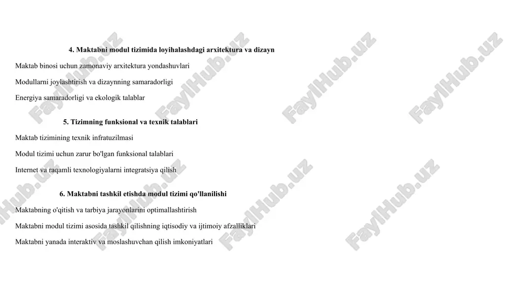 va boshqa ekologik jihatlar modullarga kiritilishi mumkin. maktab tizimida modulning o'rni maktabni modul tizimida loyihalashda har bir modulning o'z o'rni va funksiyasi bo'ladi. modullar orasida yaxshi tashkil etilgan bog'lanish va integratsiya zarur. masalan: o'qitish modullari: o'quvchilarga zarur bo'lgan sinf xonalari, laboratoriyalar va boshqa o'quv joylari ular uchun optimal sharoit yaratadi. har bir sinf xona o'zining uskunalari va ta'lim metodologiyasiga mos ravishda rejalashtiriladi. yordamchi va qo'llab-quvvatlovchi modullar: bu modullar, o'qish jarayoniga yordam beradi, masalan, kutubxonalar, sport zallari, oshxonalar va sanitariya joylari. yaxshi tashkil etilgan yordamchi modullar o'qish va o'quvchilarning salomatligini qo'llab-quvvatlashga yordam beradi. boshqaruv modullari: ma'muriyat xonasi, o'qituvchilar xonasi va direktorlar o'rtasidagi o'zaro munosabatlarni osonlashtiradi. bu modullar, maktabni boshqarish va o'qituvchilar bilan hamkorlik qilishni soddalashtiradi. modul tizimi maktabni samarali va zamonaviy tashkil etishga yordam beradi, shuningdek, o'quvchilarning o'qish va rivojlanish imkoniyatlarini oshiradi. amaliy misollar 1. modul tizimi asosida qurilgan maktablar: norvegiya, oslodagi "the school of the future" maktabi: ushbu maktabda ta'lim …
