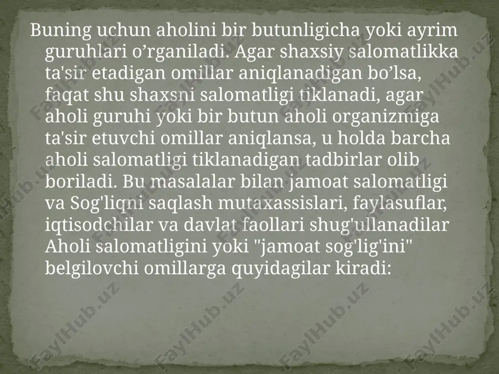 lishi gen tarkibining o'zgarishiga, naslga bog’lik bo'lmagani esa embrion hosil bo'lish jarayonida tashqi muhitning salbiy omillari ta'siriga bog’liq. hozirgi vaqtda 6500 dan ortiq nasliy kasalliklar mavjud. statistika ma'lumotiga ko'ra 1996 yilda tug’ma nuqson bilan birlamchi kasallanganlik 4,6‰, 1997 yilda - 5,0‰ni tashkil etgan, ya'ni tug’ma nuqsonlar darajasi kutarilgan (rossiya). o'zbekistonda o'lim tarkibida tug’ma nuqsonlar 3-chi o’rinni egallaydi va uning 25%ini tashkil qiladi. go’daklar o'limi past bo'lgan mamlakatlarda tug’ma nuqsonlar o'limning: shvesiya - 38,7% yaponiya - 31,7% finlyandiya - 36,7% ini tashkil qiladi. tug’ma nuqsonlar tufayli har 1000 bolaning 3,2 da nogironlik vujudga keladi. o.p.romanenko ta'kidlab o’tishicha, tug’ma nuqsonli bolalar asosan urogenital infeksiyasi bor, surunkali somatik kasalligi bo'lgan, zararli omilli korxonalarda ishlaydigan va yomon odatlari bo'lgan onalardan tug’iladi. shikastlanish va tayanch-harakat sistemasi kasalliklari shikastlanish barcha aholi kontingentida, jumladan bolalarda ham uchraydi. oxirgi yillarda yuqumli kasalliklardan ko'ra shikastlanish va baxtsiz hodisalar sababli bolalar nobud bo’lmoqda. shikastlanish bolalar kasalligidagi asosiy sabablardan biri hisoblanadi. …
