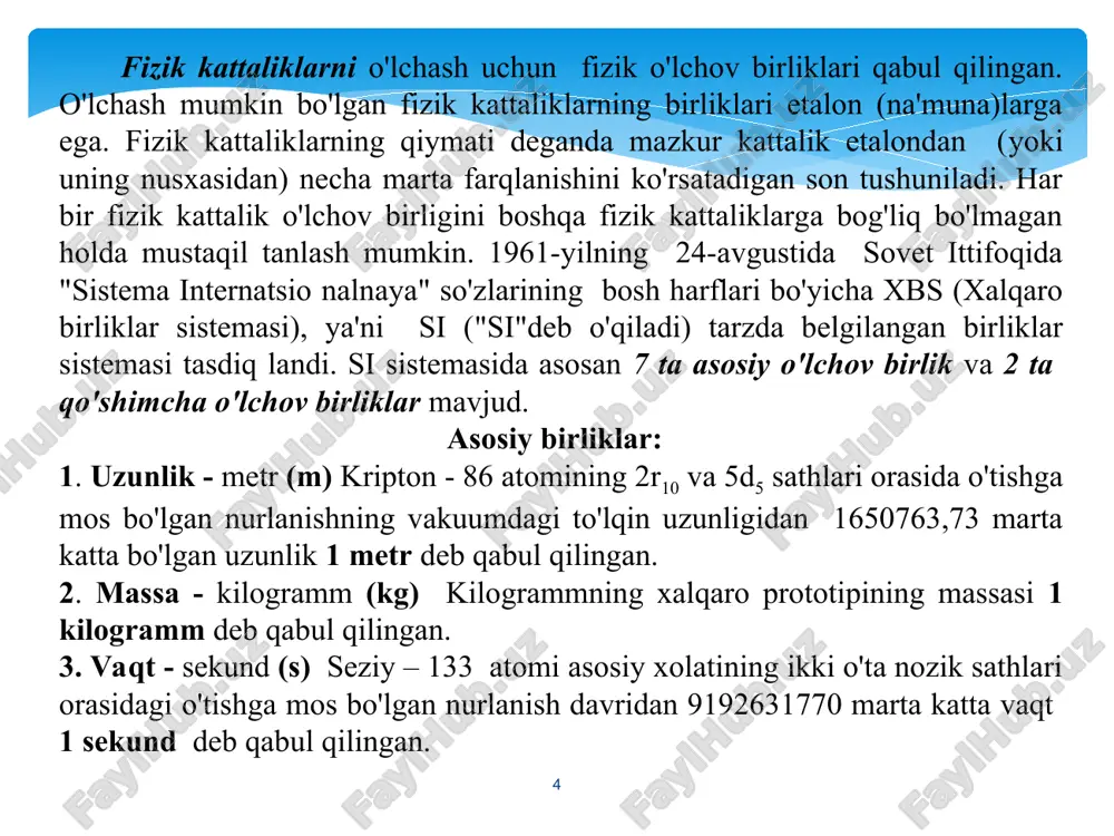 ri, jism xolatining termodinamik parametrlari deb ataladi. termodinamik parametrlarga asosan quyidagi ko'rsatkichlar kiradi. suv ta'minoti va oqava suvlarni oqizish suv ta'minoti va oqava suvlarni oqizish * harorat modda molekulalarining aktivlik harakati darajasiga harorat, yoki fan tilida temperatura deyiladi. butun dunyoda asosan 3 xil temperatura o'lchov birliklari mavjud. 1. °c (gradus selsiy) – selsiy shakalasi; 2. °f (gradus faringeyt) farengeyt shkalasi. 3. k (kelvin) kelvin shkalasi. 273.15 k = o °s = 32 °f suv ta'minoti va oqava suvlarni oqizish suv ta'minoti va oqava suvlarni oqizish * 0 °c bu - aynan toza suvning suyuq xolatdan qattiq xolatga o'tish kritik nuqtasi. 0 °c = 32 °f ( plyus-minus 4-5°s ) 0 °c = 273.15 k bu - aynan ideal gazning gaz xolatidan suyuq xolatga o'tish kritik nuqtasi yoki absolyut temperatura deb ham ataladi. galileo-galiley xv - asr oxirlarida tajribalar o'tkazib, diametri 1mm bo'lgan shisha naychaga aynan toza suv (distillangan) solib, aynan …