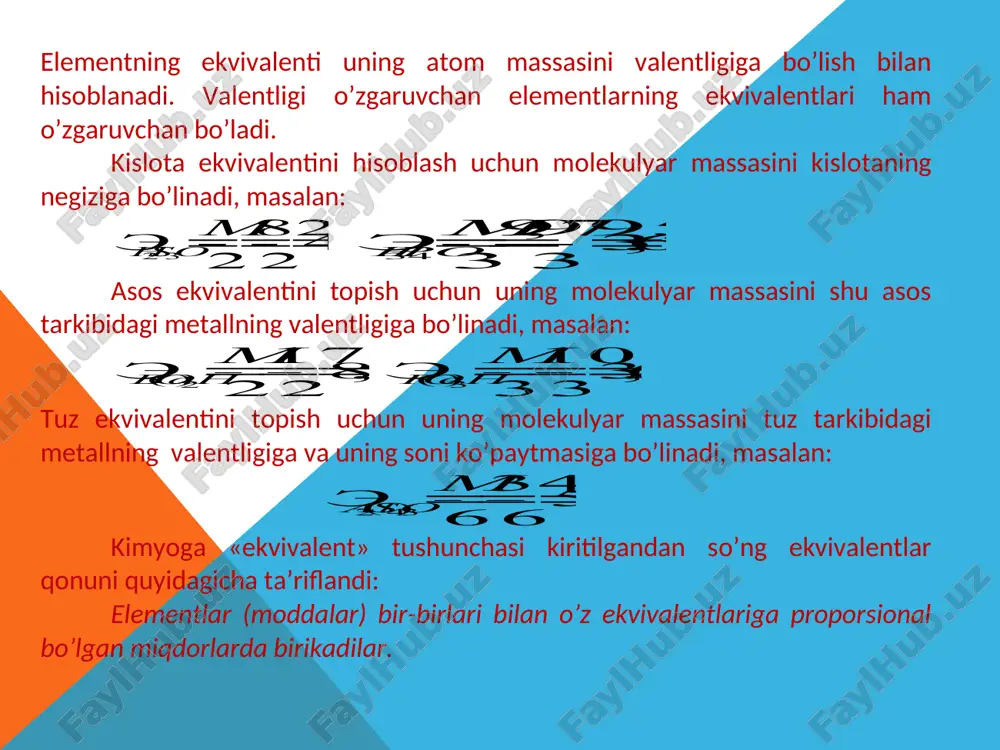 lentini aniqlash. ishning borishi: zn + 2hcl = zncl2 + h2 biror metalning gramm-ekvivalent qiymatini topish uchun 23-rasmda tasvirlangandek asbob yig’iladi. bu asbob 300 ml hajmli yassi tubli kolba (a), 200 ml stakan va hajmi 50-100 ml bo’lgan vyurts kolbasi (v) dan iborat. tajriba boshlashdan oldin kolba suv bilan bo’g’zigacha to’ldiriladi. kolba (d) ga voronka orqali 15 – 20 ml konsentratsiyasi 2 n bo’lgan xlorid yoki sulfat kislota eritmasidan ehtiyotlik bilan quying. bu ishni bajarganda kolba bo’g’zining ichki devorlari quruq saqlanib qolishiga erishing. kolbani shtativga gorizontal holatda mahkamlab qo’ying. undan so’ng kichkina rux yoki magniy bo’lagini olib, uni texnik tarozida 0,5 g atrofida (0,01 g aniqlik bilan) tortib oling. tortib olingan metalni filtr qog’ozga o’rab, (nima uchun?) ehtiyotlik bilan kolba ichiga tushiring va zudlik bilan tiqin orqali kolbani berkiting. metall bilan kislota reaksiyasidan ajralib chiqayotgan gaz suvni (a) kolbadan stakan (b) ga siqib chiqaradi. stakan (b) ga siqib chiqarilgan suv …