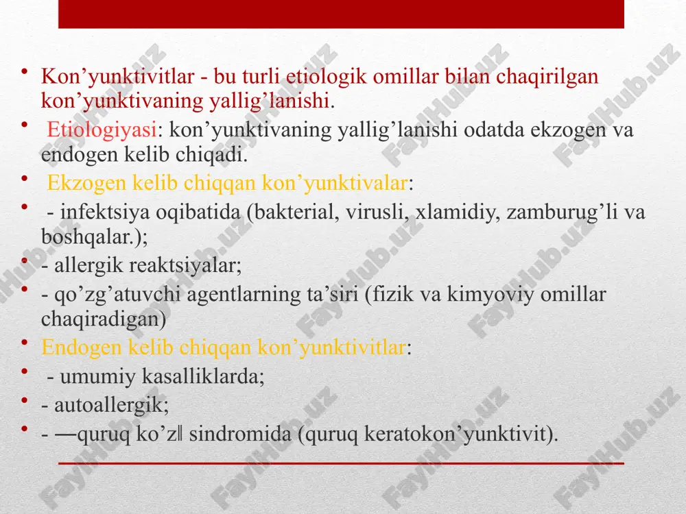 bilan bitishi - simblefaron hosil bo’lishi mumkin davolash: bemorni zudlik bilan yuqumli kasalliklar bo’limiga o’tkaziladi, va u erda shifokor-infektsionist tomonidan umumiy davolash kompleksi o’tkaziladi. oftalmologik davo choralariga kon’yunktival bo’shliqni antiseptik eritmalar bilan yuvish (3% bor kislota eritmasi, 1:5000 kaliy permanganat eritmasi, 1:5000 furatsilin), 20% sulfatsil natriy eritmasi yoki penitsillinning tez-tez qo’llanilishi, tunda qovoqlarga 1% eritromitsin malxam yoki 0,3% floksal malxam surtishdan iborat bo’ladi. shox parda zararlanganda uning regeneratsiyasini yaxshilovchi preparatlar qo’llaniladi (4% taufon eritmasi, retinol atsetat moy eritmasi, 20% solkoserila geli, 5% korneregel, vitasik). o’tkir epidemik kon’yunktivit (koxa-uiks kon’yunktiviti). etiologiya: qo’zg’atuvchi - koxa-uiks tayoqchasi. kasallik yuqori kontagioz. bu kon’yunktivit epidemiyasi issiq iqlimli o’lkalarda tarqalgan, lekin o’ta issiq yozlarda u rossiyaning o’rta kengliklarida ham uchrashi mumkin. infektsiya kontakt yo’li bilan suv, iflos qo’llar, kiyim yoki boshqa zararlangan predmetlar orqali tarqaladi. kasallik tashuvchisi pashsha bo’lishi xam mumkin. bu kon’yunktivitga xos alomat o’tkir giperemiya va petexial gemorragilar paydo bo’ladigan skleral kon’yunktivaning shishi hisoblanadi. …