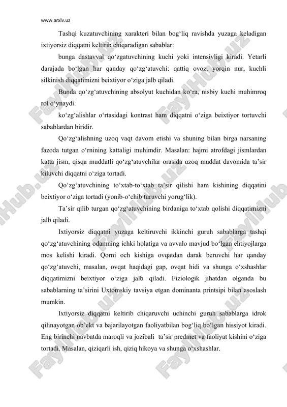 ‘ziga tortadi. masalan, qiziqarli ish, qiziq hikoya va shunga o‘xshashlar. to‘rtinchi guruh kishining ilgarigi tajribasining diqqatga ta’sirini ko‘ritish mumkin. bunga kishining bilimlari, tasavvurlari, malaka va odatlarining ta’siri kiradi. diqqatning ixtiyorsiz jalb qilinishida kutish katta rol o‘ynaydi. yana bir guruh sabablar – kishining qiziqishlari ham ixtiyorsiz diqqatni keltirib chiqaruvchi sababalar orasida ko‘p uchraydi. qiziqishning mavjudligi har qanday murakkab faoliyatni, ob’ektni ham beixtiyor diqqat ob’ektiga aylantiradi. yuqorida keltirilgan ixtiyorsiz diqqatni keltirib chiqaruvchi sabablarni pedagoglar dars davomida hisobga olishlari, shular asosida o‘quvchilarning ixtiyorsiz diqqatni boshqarishlari lozim. ixtiyoriy diqqat. ko‘zlangan maqsad va kabul qilingan qaror tufayli ma’lum bir ishni bajarish lozimligini bilar ekanmiz, bunday holda diqqatning yo‘nalishi va to‘planishi ixtiyoriy harakaterga ega bo‘lishi mumkin. bunday paytda diqqatimizni bajarayotgan ishimizga qaratishni maqsad qilib qo‘yamiz. diqqatimiz ongli suratda boshqariladi. ixtiyoriy diqqatni biz diqqatimizni qaratish uchun o‘z oldimizga ongli suratda maqsad qo‘yamiz, qiyinchiliklarni yengib, diqqatni to‘plash uchun kurashib, har qanday boshqa narsalarga berilmaslik uchun iroda kuchini sarflab …