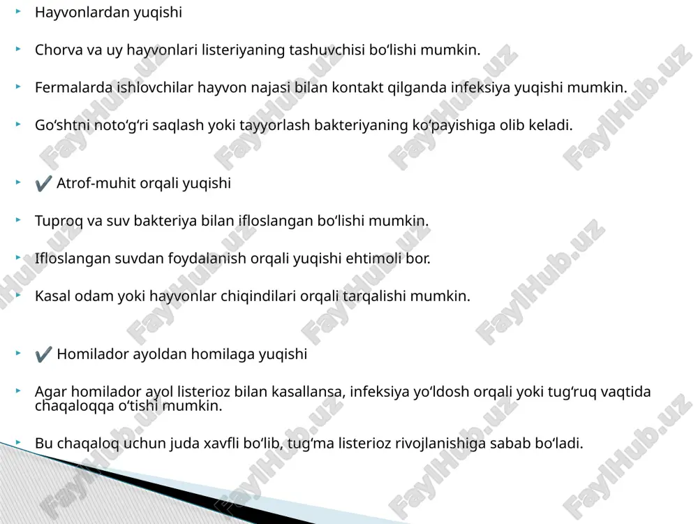 iozni davolash listerioz bakterial infeksiya bo‘lgani uchun uni davolashda antibiotiklar asosiy vosita hisoblanadi. davolash usuli kasallikning og‘irligiga, bemorning yoshi va immunitet holatiga qarab belgilanadi. --- 1. antibiotiklar bilan davolash listeriozni davolash uchun quyidagi antibiotiklar ishlatiladi: ✅ ampitsillin – asosiy antibiotik, odatda gentamitsin bilan birga qo‘llanadi. ✅ gentamitsin – ampitsillin bilan kombinatsiyada ishlatiladi (og‘ir holatlarda). ✅ meropenem yoki imipenem – agar ampitsillin ishlatib bo‘lmasa yoki chidamli shtammlar aniqlansa. ✅ sulfametoksazol + trimetoprim (bactrim) – beta-laktam antibiotiklariga allergiyasi bo‘lgan bemorlarga beriladi. davolash muddati: engil shakllar (grippga o‘xshash yoki ichak shakli) – odatda antibiotik talab etilmaydi yoki oral (og‘iz orqali) antibiotiklar 7-10 kun davomida buyuriladi. og‘ir shakllar (meningit, sepsis) – 14-21 kun davomida tomir ichiga antibiotiklar yuboriladi. homilador ayollar – antibiotiklar erta boshlanganida homilani himoya qilish mumkin. simptomatik va qo‘shimcha davolash tana haroratini tushirish – paratsetamol yoki ibuprofen. suyuqlik terapiyasi – dehidratatsiya (suyuqlik yo‘qotish) bo‘lsa, fiziologik eritma yoki ringer eritmalari qo‘llaniladi. kortikosteroidlar – …