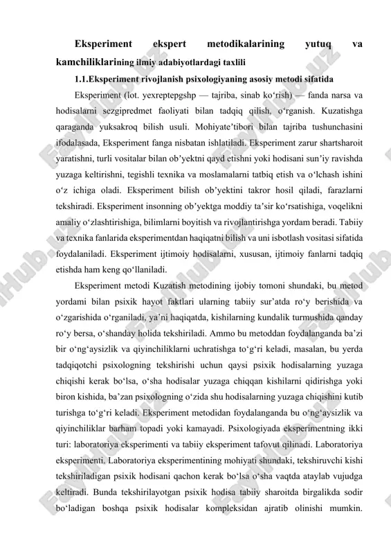 ndir. biroq har qanday tadqiqot qilinadigan vazifalarga eksperimentni qo'llab bo'lmaydi. masalan, agarda psixik jarayonlar va funksiyalar ko'proq eksperiment yo‘ii bilan o'rganilsa, shaxsning birmuncha sodda xususiyatlari (temperament, ko'pgina qobiliyatlari) ham shu metod yordamida o'rganiladi. lekin xarakter va qobiliyatlarning murakkab turlarini eksperiment metodi bilan o'rganib bo‘lmaydi. suhbat metodi. bu metod tadqiqotning turli bosqichlarida qo'llaniladi: masalan, dastlabki tanishish bosqichida ham boshqa metodlar, ayniqsa, kuzatish metodi orqali qo'lga kiritilgan xulosalarni aniqlashda qo'llaniladi. suhbat metodidan mohirlik bilan foydalanish juda qimmatli natijalarga erishishga yordam berishi mumkin. intervyu metodi. psixologiya fanidagi bu metod sotsiologiyada keng ko'llaniladigan anketa metodidan farq qiladi. xuddi suhbat metodi kabi intervyu metodi ham savol-javob metodiga tegishlidir. ko'pincha intervyu uchun savollami sotsiologik anketalarga o'xshatib, ya’ni turli masalalar yuzasidan ko'plab javoblar olishni ko'zlab tuziladi. intervyu metodiga bunday tarzda yondashish tadqiqotning faqat birinchi bosqichiga, muammo bilan dastlabki tanishish bosqichiga to‘g‘ri keladi. biroq bilimlarni va o‘rganilayotgan psixik xususiyatlarning tuzilishini hisobga olib tuzilgan savollar o‘rganilayotgan holatlar tuzilishi hamda …